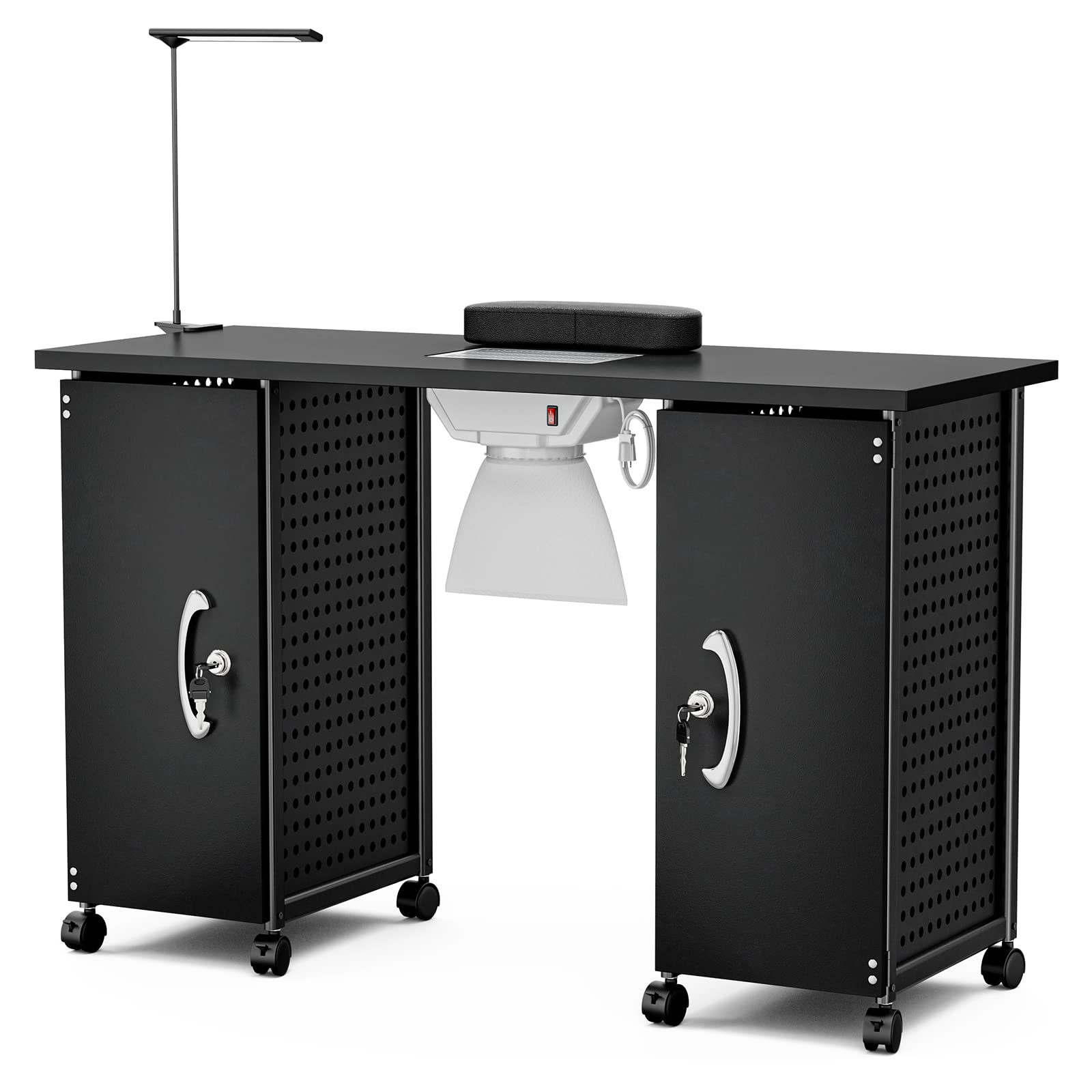 **Apelila Professional Manicure Table with Dust Collector, Wrist Rest & Lockable Cabinets – 10-Drawer Nail Salon Workstation with LED Lamp & Casters – Perfect for Nail Technicians & Beauty Salons**