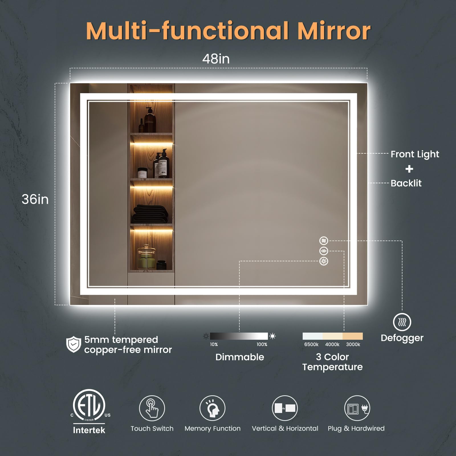 Upgraded 48x36 Inch LED Bathroom Mirror with Front & Backlit - Anti-Fog, Dimmable, Rotatable Vanity Mirror with Acrylic Side & Tempered Glass for Modern Bathrooms - Perfect for Makeup, Shaving & Home Decor