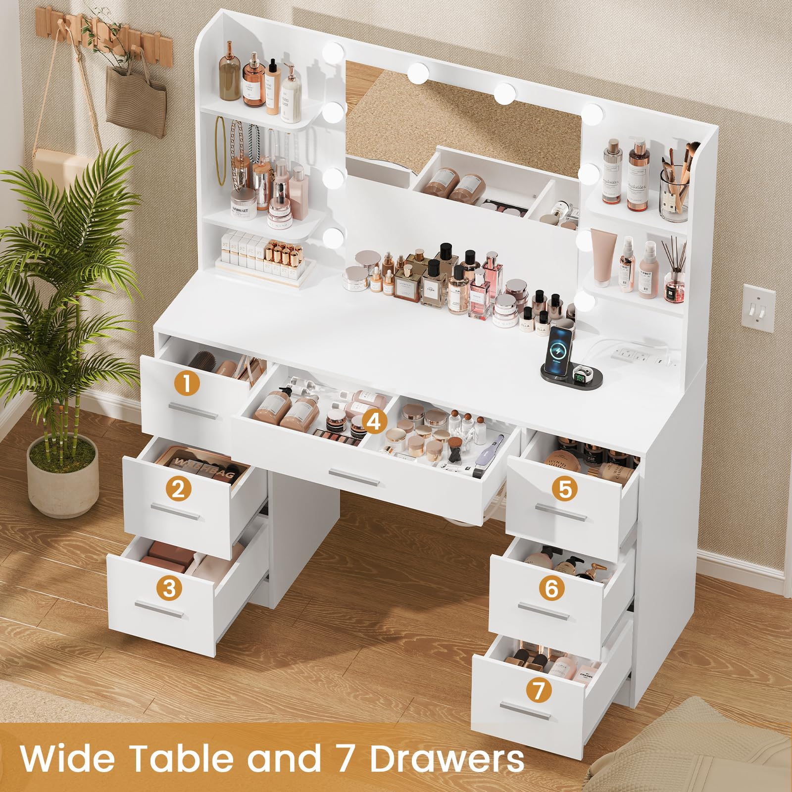 Quimoo White Large Vanity Desk with LED Lighted Mirror & Power Outlet - Makeup Vanity Table with 7 Drawers, 4 Shelves & 5 Hooks - Perfect for Bedroom & Bathroom Organization - Ideal for Makeup, Skincare & Jewelry Storage