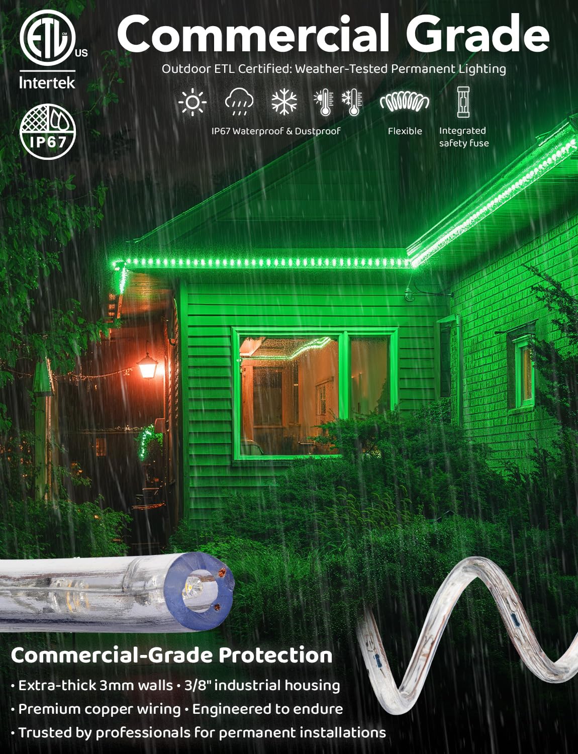 1656LEDs 150ft Waterproof Outdoor LED Rope Lights - ETL Certified Connectable Clear Tube for Christmas, Palm Tree, Holiday, Landscape, Patio Decoration - Green | Perfect for Backyard, Garden, and Party Lighting