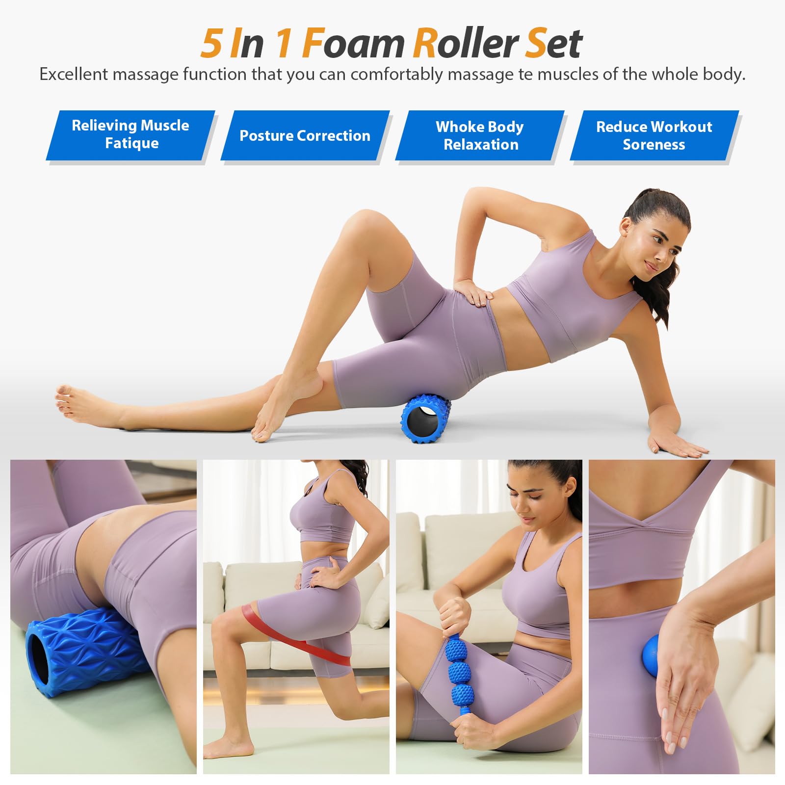 5 in 1 High Density Foam Roller Set with Muscle Roller Stick, Massage Ball, Resistance Bands - Deep Tissue Massage for Yoga, Pilates, Workout Recovery & Trigger Point Release - Perfect for Home Gym, Physical Therapy & Post-Workout Stretching