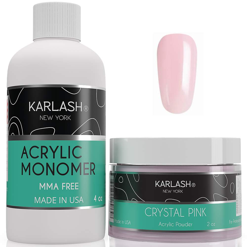Karlash Professional Acrylic Nail Kit - MMA Free Polymer Powder (2oz Crystal Pink) & Liquid Monomer (4oz) for Strong, Shiny DIY Nails | Salon Quality Manicure & Nail Art Supplies for Home & Professional Use
