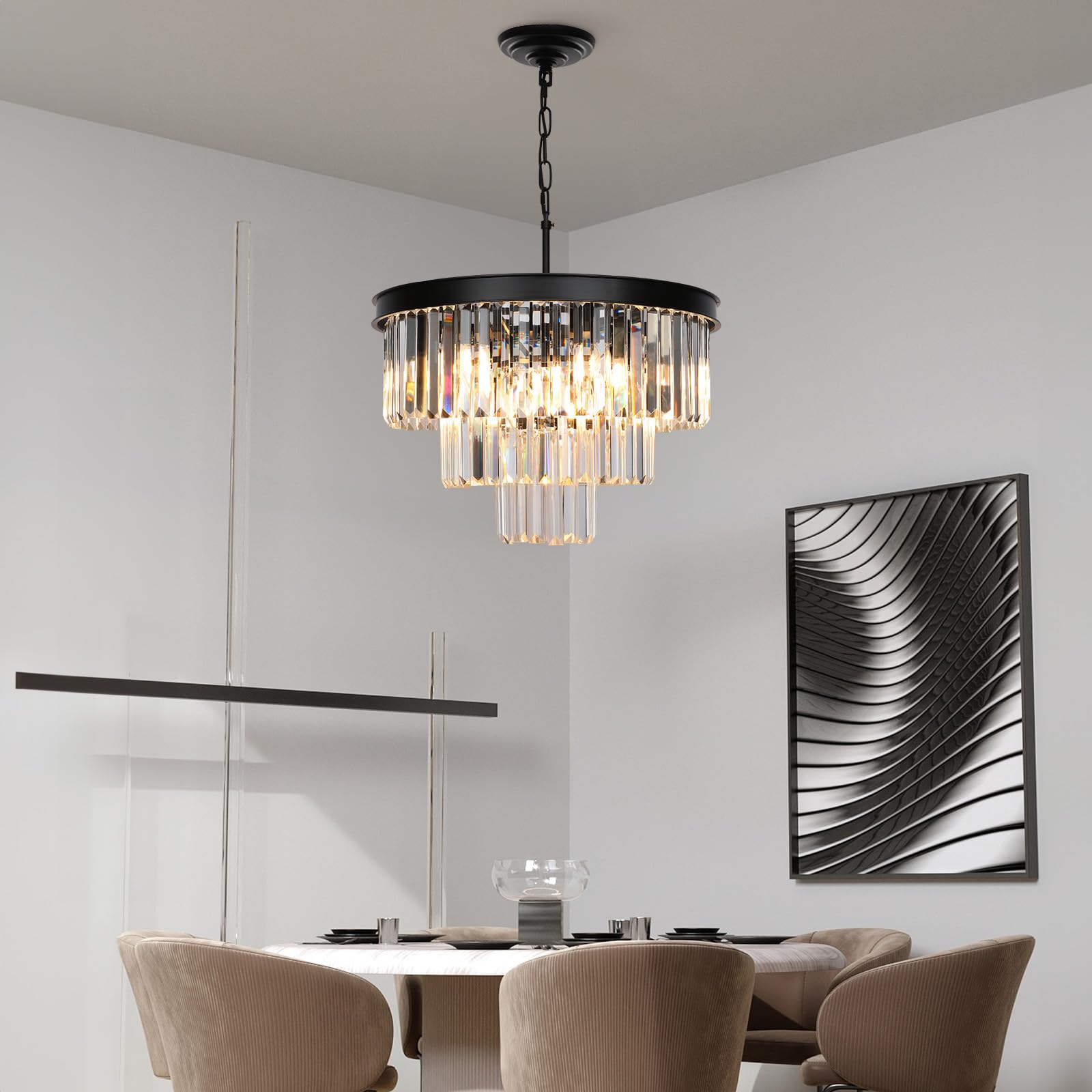 9-Light Black Modern Crystal Chandelier - 3-Tier Round Ceiling Light Fixture for Dining Room, Bedroom, Living Room, Entryway & Kitchen Island (20 Inch Diameter) - Elegant Lighting for Home Decor & Special Occasions