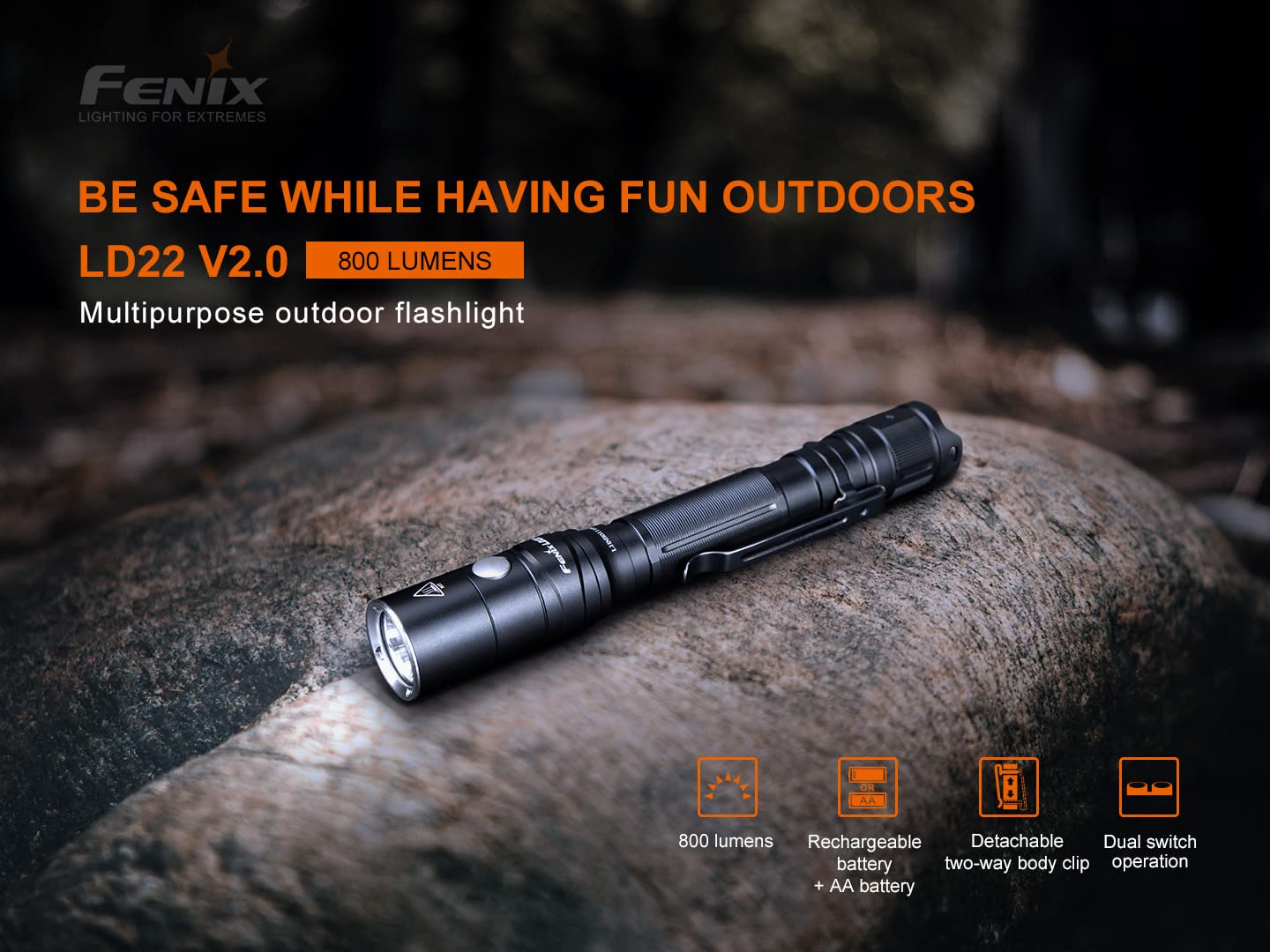 Fenix LD22 V2 800 Lumen Ultra-Slim Tactical LED Flashlight with Rechargeable Battery & 2 AA Batteries - Includes EdisonBright Charging Adapter | Perfect for Camping, Hiking, Emergency Preparedness & Outdoor Adventures