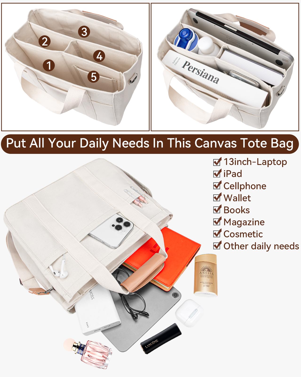 Stylish Canvas Tote Bag for Women with Multi-Pocket - Perfect for Work & Travel