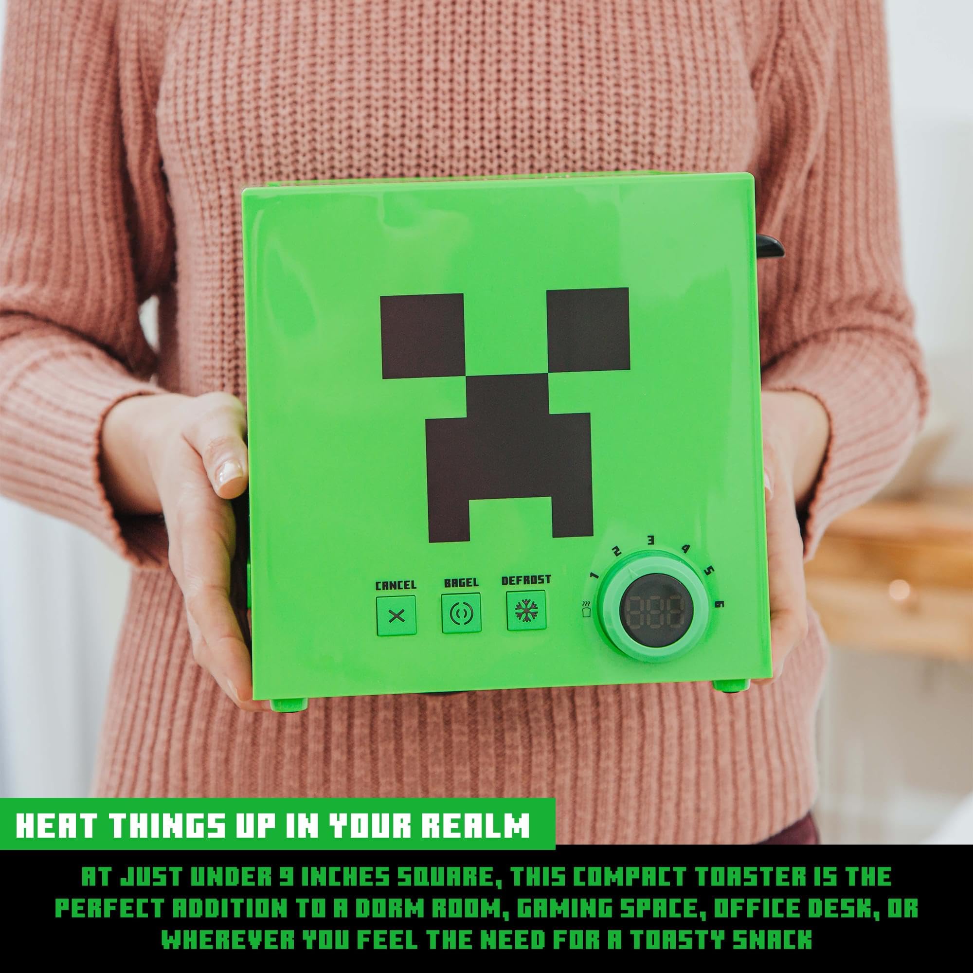 Minecraft Green Creeper 2-Slice Toaster for Bagels, Waffles & Bread - 6 Browning Settings with Defrost Function - Prints Creeper Face Design - Perfect for Gamers, Kids & Minecraft Fans Breakfast