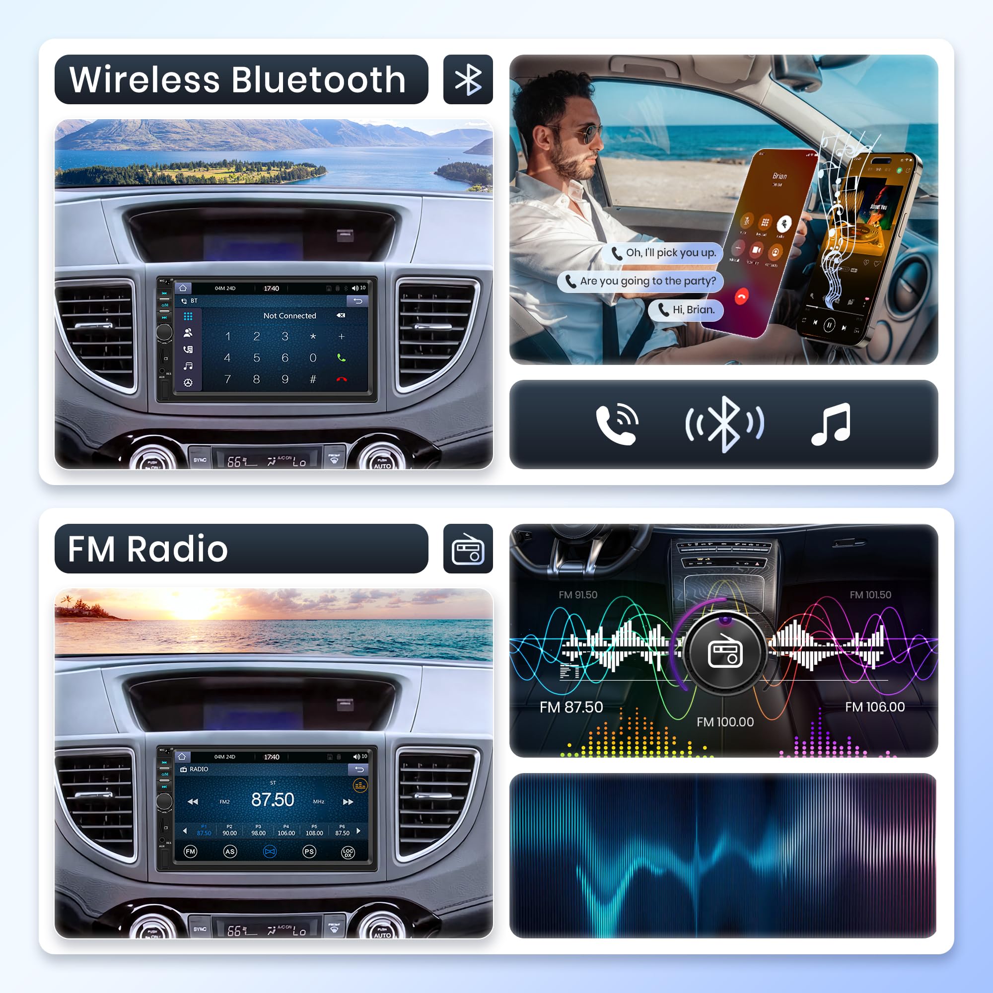 Rimoody 7 Inch Double Din Car Stereo with Apple CarPlay & Android Auto - 2 Din Touch Screen Car Radio with Mirror Link, Bluetooth, FM, HD Backup Camera, Fast Charging, Dual USB & AUX - Perfect for Road Trips & Daily Commutes