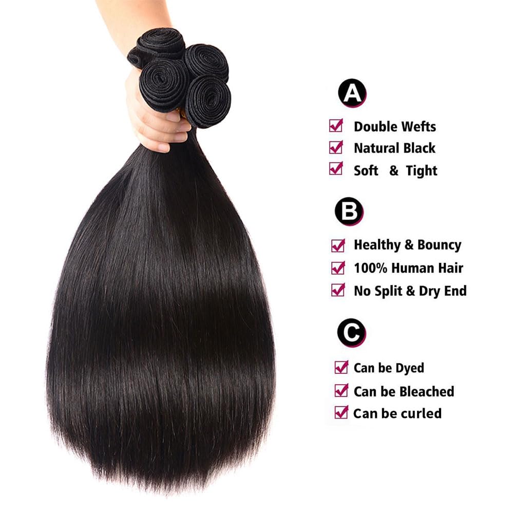 100% Unprocessed Brazilian Virgin Human Hair Bundles - 16 Inch Straight Bundles Natural Black Color for Women | Double Wefted Hair Extensions for Daily Styling & Special Occasions