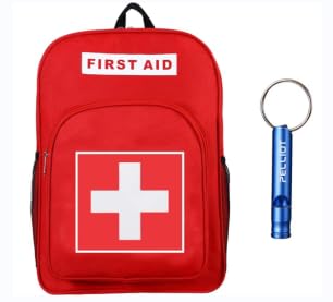 Emergency First Aid Backpack with Whistle Kit - 2-Piece Survival Medical Bag for Outdoor Adventures, Hiking & Camping | Red Trauma Kit for Emergencies & Disaster Preparedness
