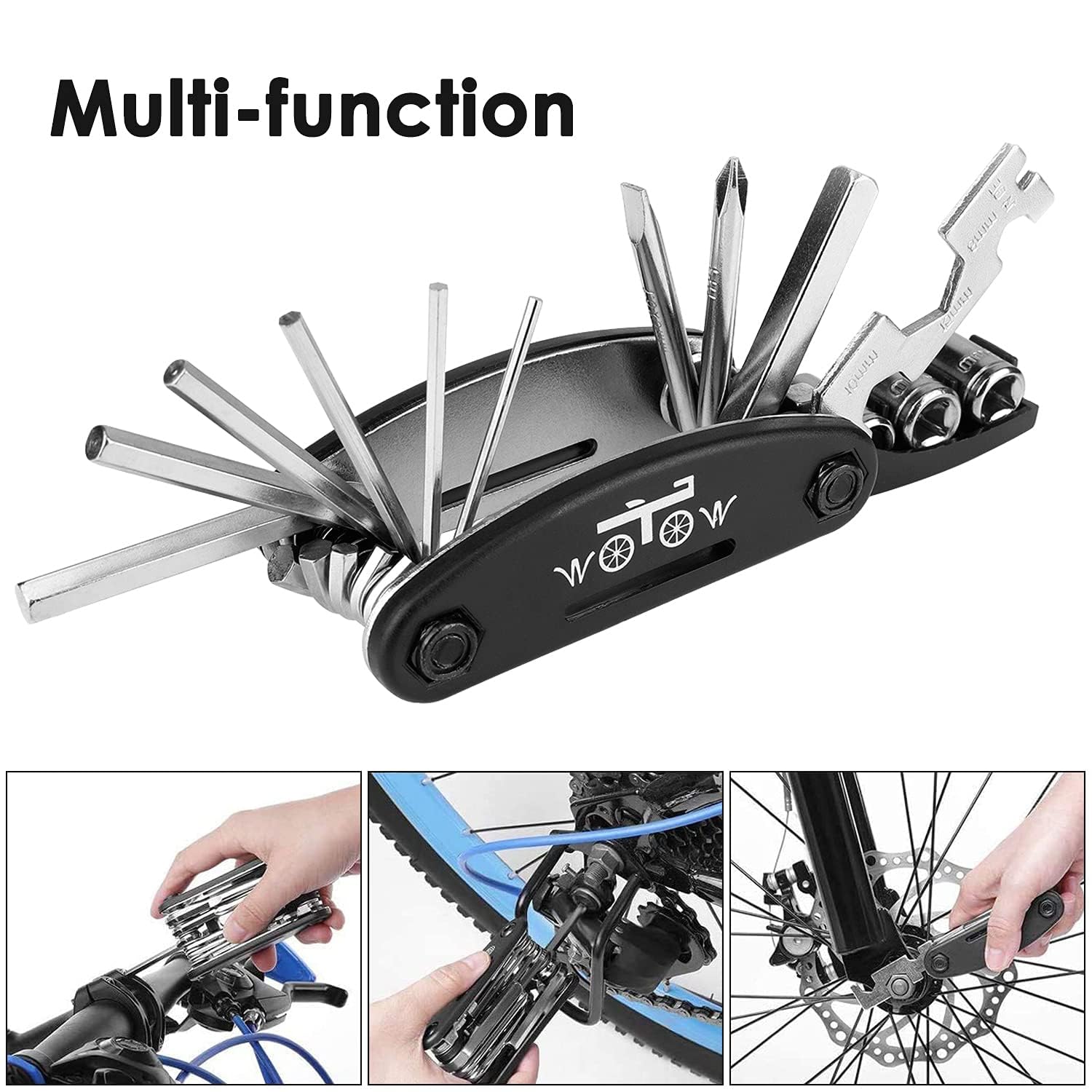 WOTOW 16-in-1 Bike Repair Tool Kit - Portable Multitool for Road & Mountain Bikes - Cycling Essentials for Travel & Maintenance