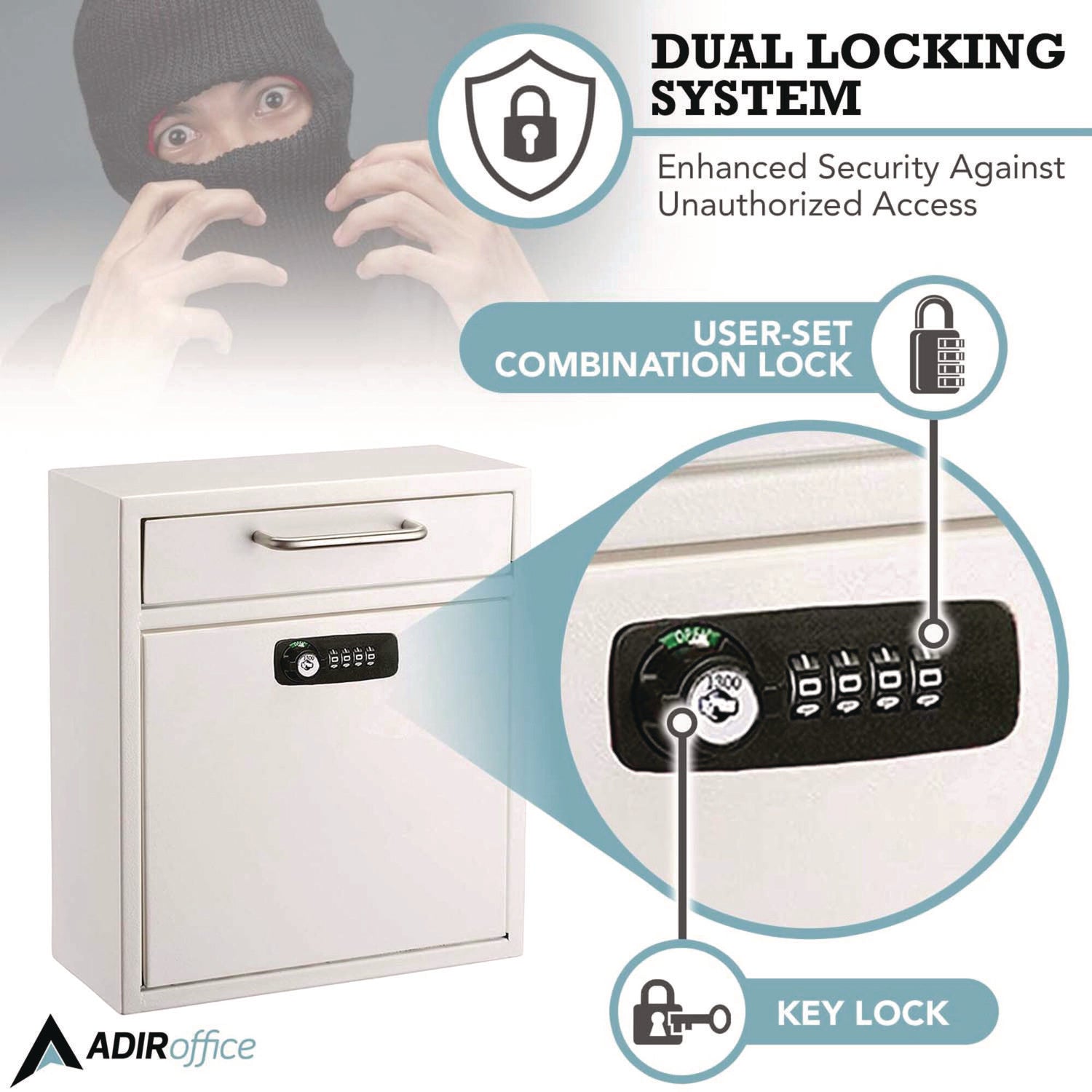 AdirOffice Medium Secure Drop Box - Wall Mounted Locking Mailbox with Key & Combination Lock - 10.51