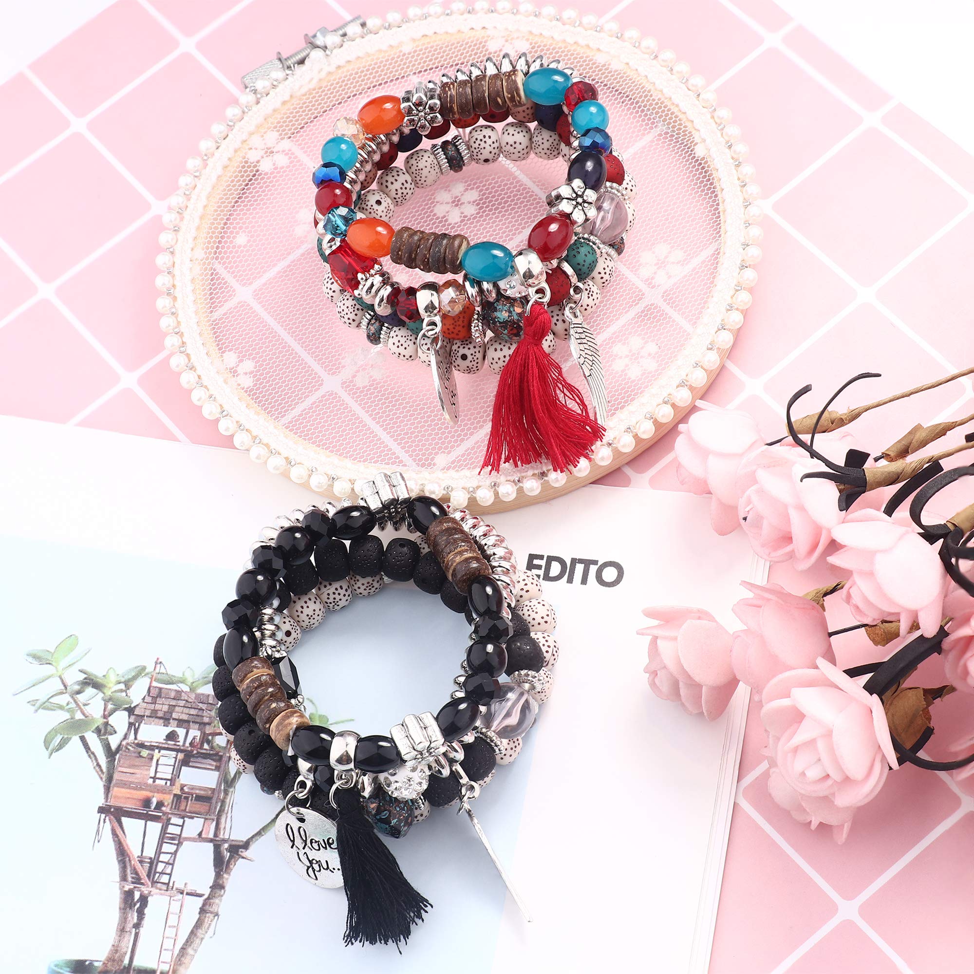 LOYALLOOK 8 Sets Bohemian Stackable Bead Bracelets for Women - Stretch Multilayered Boho Bracelet Set with Colorful Beads, Tassels & Charms | Handmade Jewelry for Festival, Beach, Party & Everyday Wear