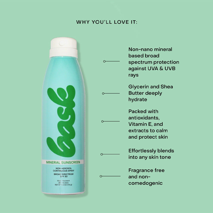 Bask Mineral Spray SPF 30 Sunscreen - 5.5 Oz Broad Spectrum UVA/UVB Protection, Water Resistant, Reef Safe - Perfect for Beach, Pool & Outdoor Activities