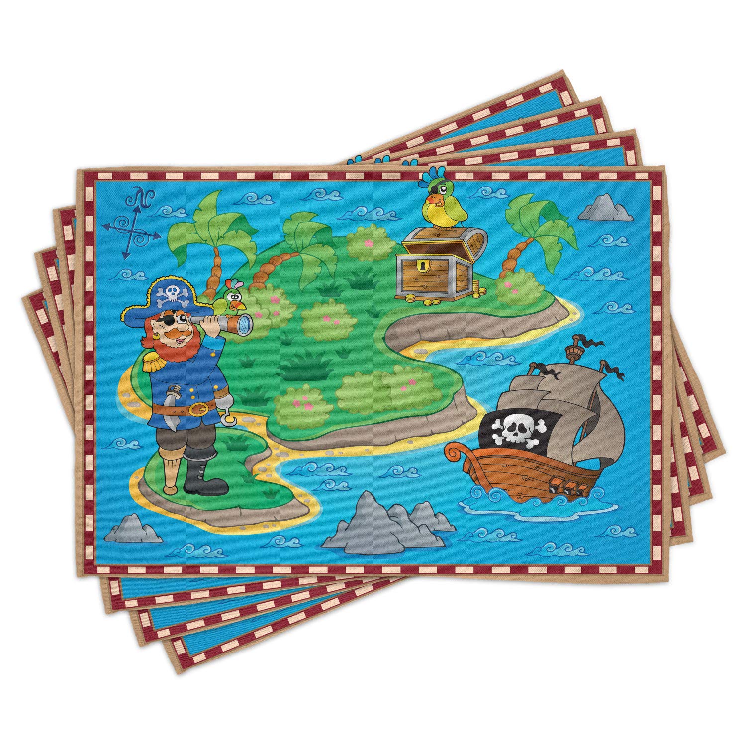 Ambesonne 4-Piece Island Map Placemats Set - Pirate Ship & Parrot Treasure Island Design - Washable Fabric Dining Table Mats - Standard Size Multicolor - Perfect for Pirate-Themed Parties & Nautical Home Decor