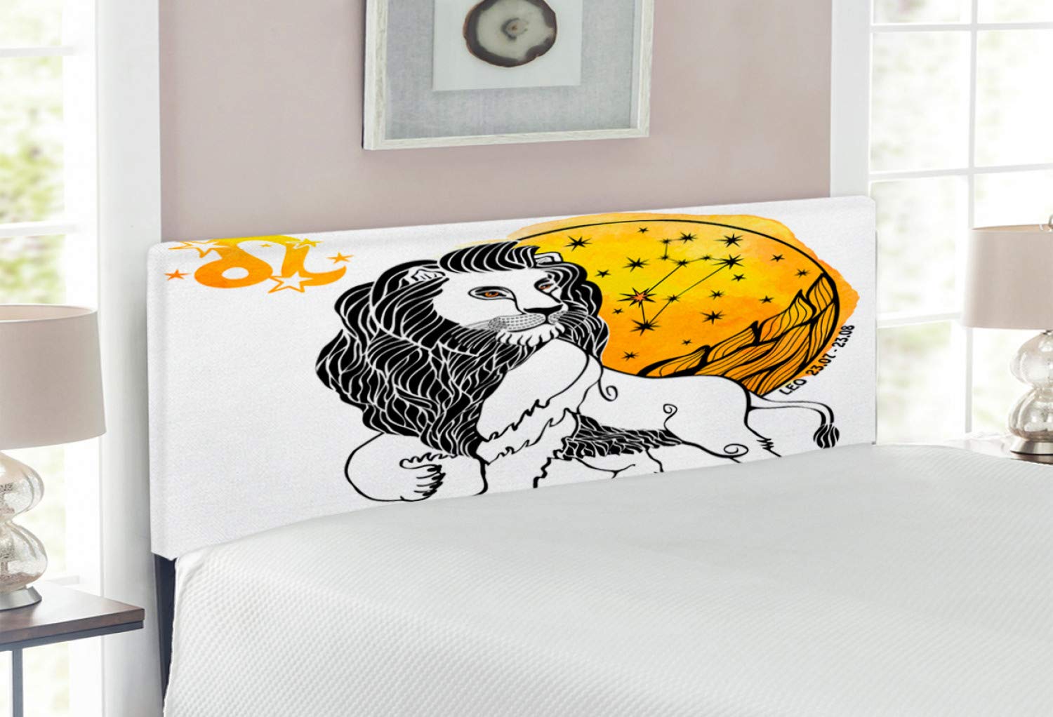 Ambesonne Zodiac Leo Headboard - Royal Leader with Sun & Stars Design, Upholstered Metal Bed Headboard with Memory Foam, Full Size, Multicolor - Perfect for Bedroom Decor & Astrology Lovers