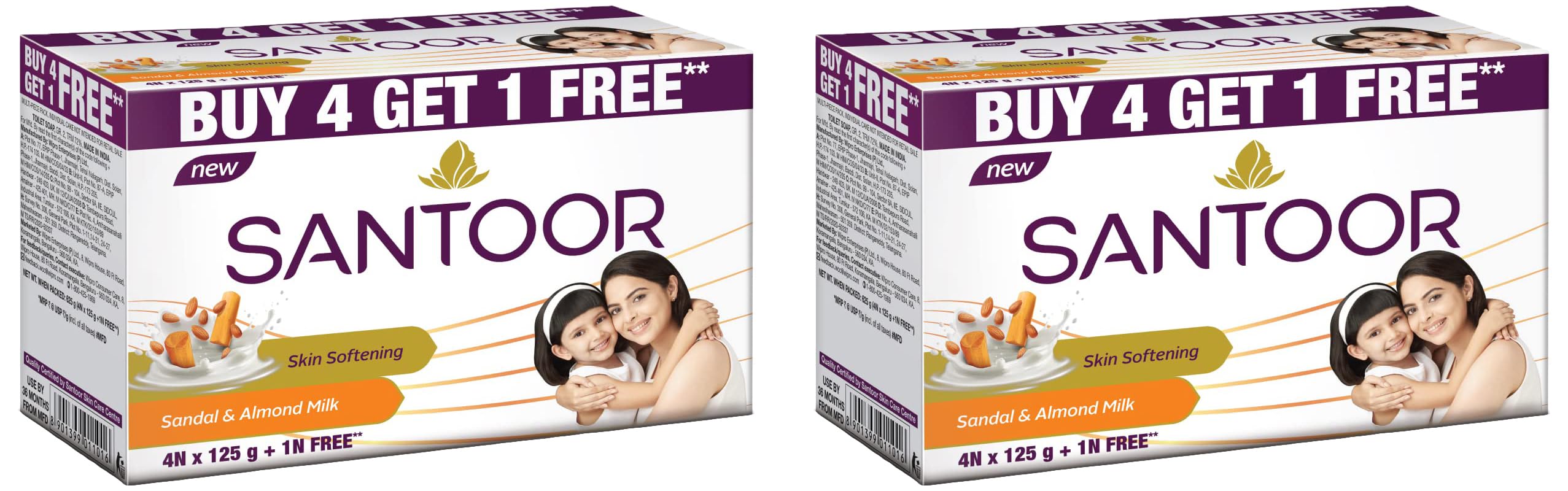 Santoor Sandal and Almond Milk Soap - Moisturizing & Exfoliating Bar (Pack of 2, 125g Each) | Buy 4 Get 1 Free | Perfect for Dry Skin & Daily Body Cleansing