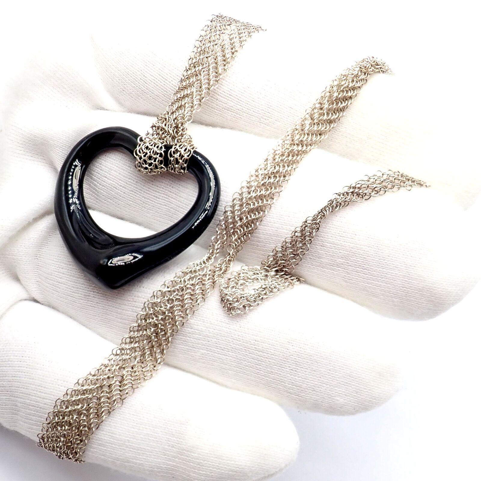 Tiffany & Co Sterling Silver Peretti 35mm Large Open Onyx Heart Pendant Necklace - 28