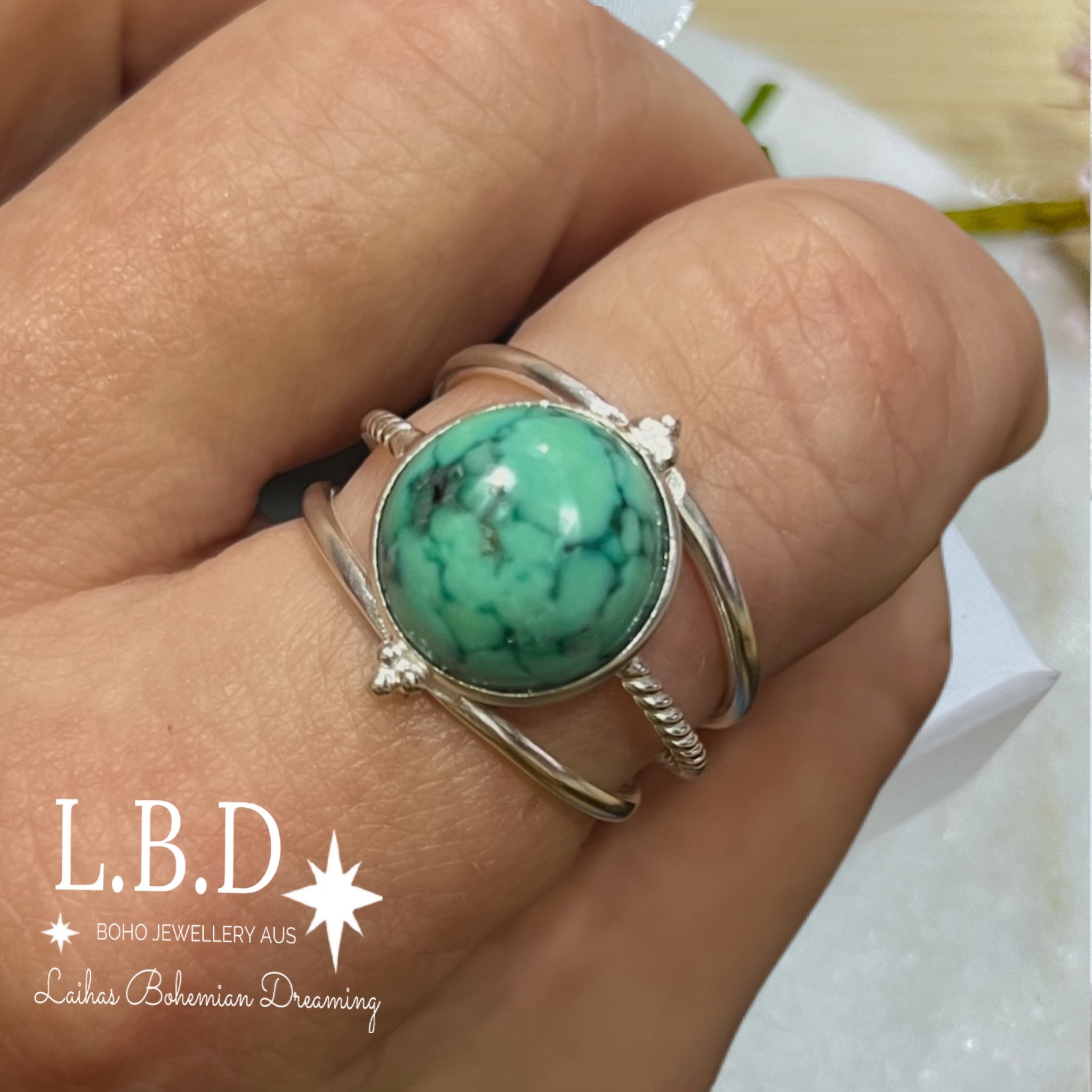 Laihas Free Spirit Turquoise Ring for Women - Handmade Boho Jewelry, Sterling Silver Adjustable Statement Ring - Perfect for Festivals, Parties & Everyday Wear
