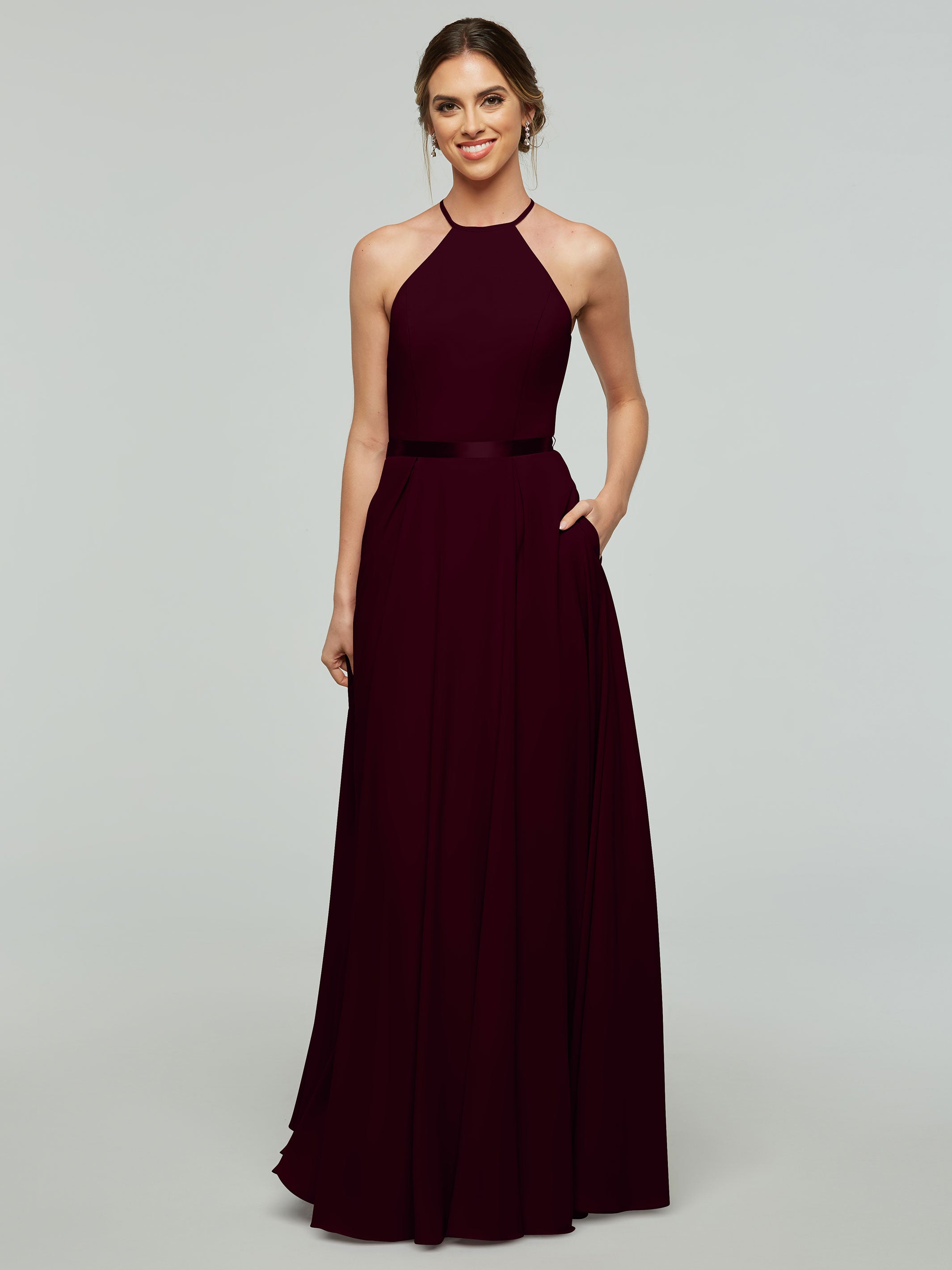 Elegant A-Line Stretch Chiffon Bridesmaid Dress with Halter Neckline & Waist Belt - Perfect for Weddings, Formal Events & Special Occasions