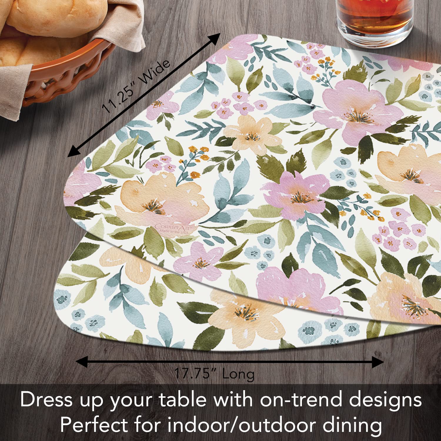 CounterArt Cascade Floral Reversible Plastic Placemats - 4 Pack, Wedge Shaped, 17.75