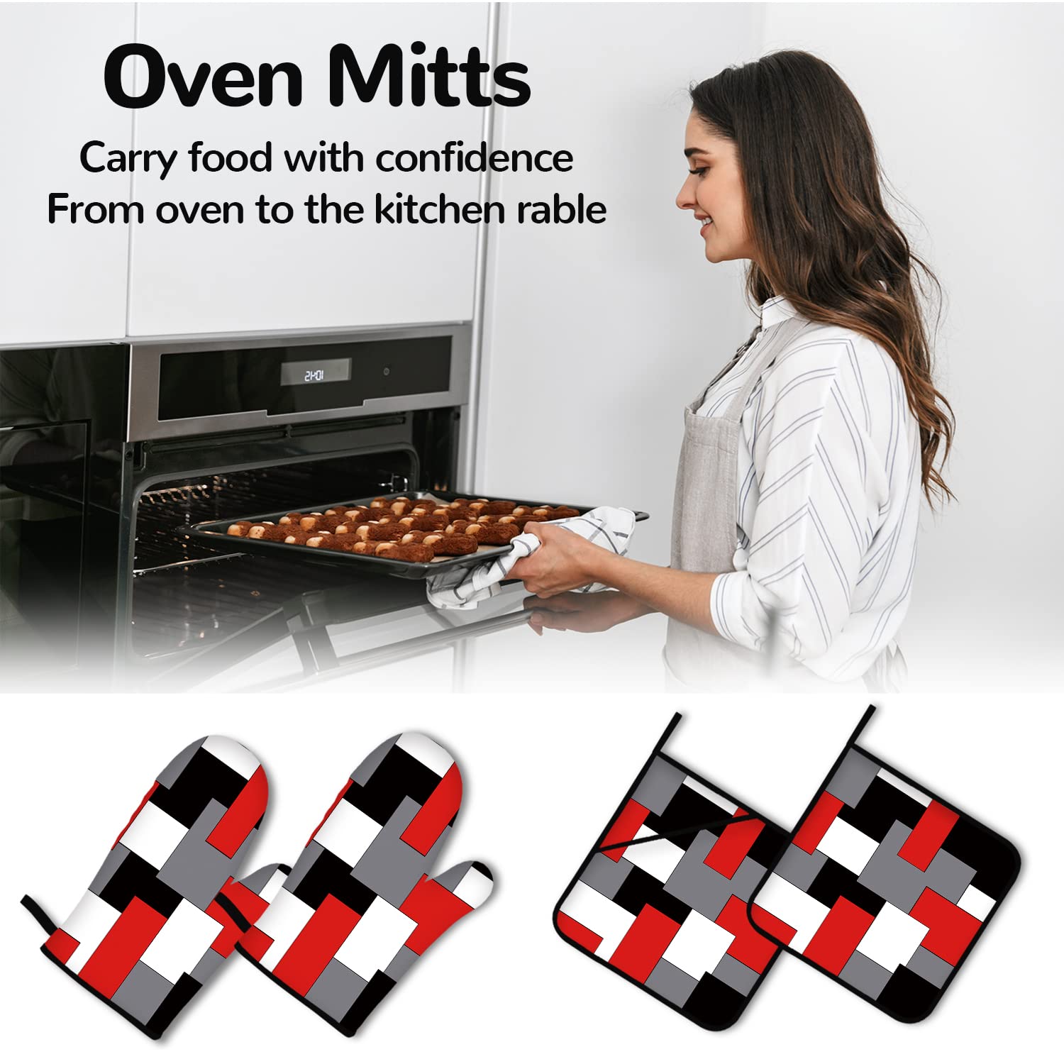 Heat Resistant Oven Mitts and Pot Holders Set of 4 - Red Black Grey White Geometric Design for Kitchen Baking, Cooking, Grilling - Perfect for BBQ, Baking Cookies, Handling Hot Pots & Pans