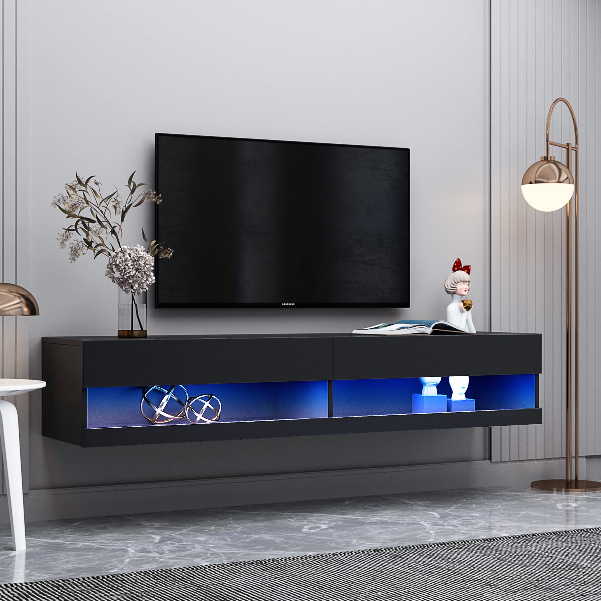 Floating LED TV Stand for 65-80 Inch TVs - Modern High Gloss Wall Mounted Entertainment Center with LED Lights - Black | Perfect for Living Room, Bedroom & Home Theater Setup