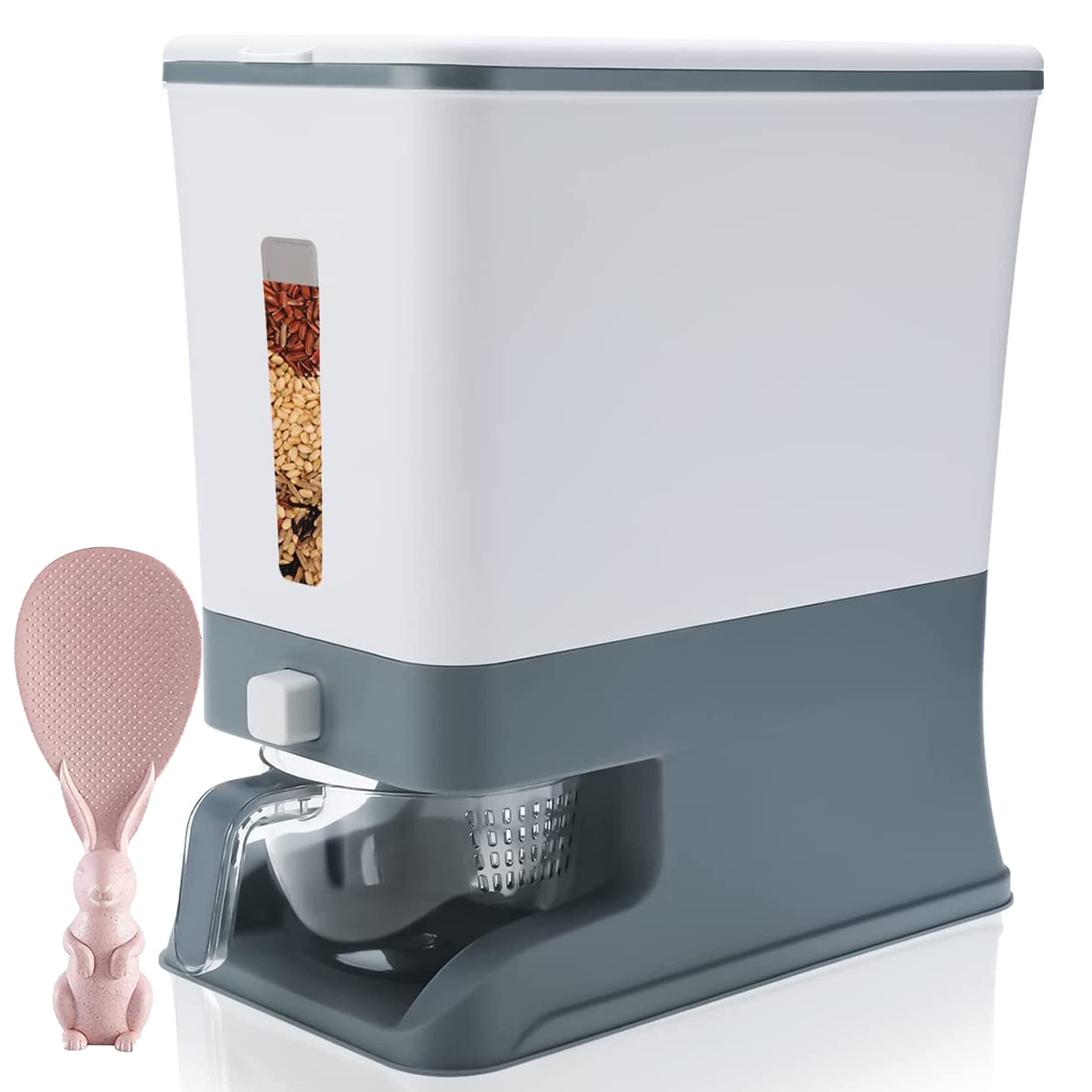 Pink Rabbit Automatic Rice Dispenser with Measuring Cup & Spoon - Airtight Moisture-Proof Grain Storage Container for Kitchen, Pantry & Bulk Food Organization - Perfect for Rice, Cereal, Pasta & Dry Goods