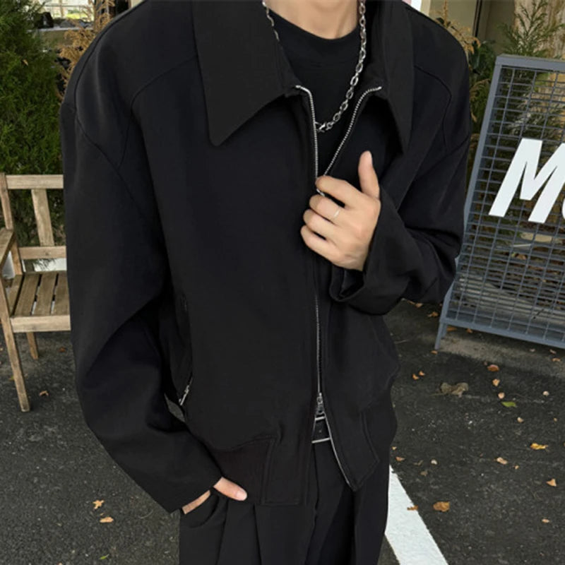 Stylish American Men's Jacket - 3D Tailored Stand Collar, Dual-Zipper Solid Color Coat for Casual & Outdoor Wear | Model 9C9205