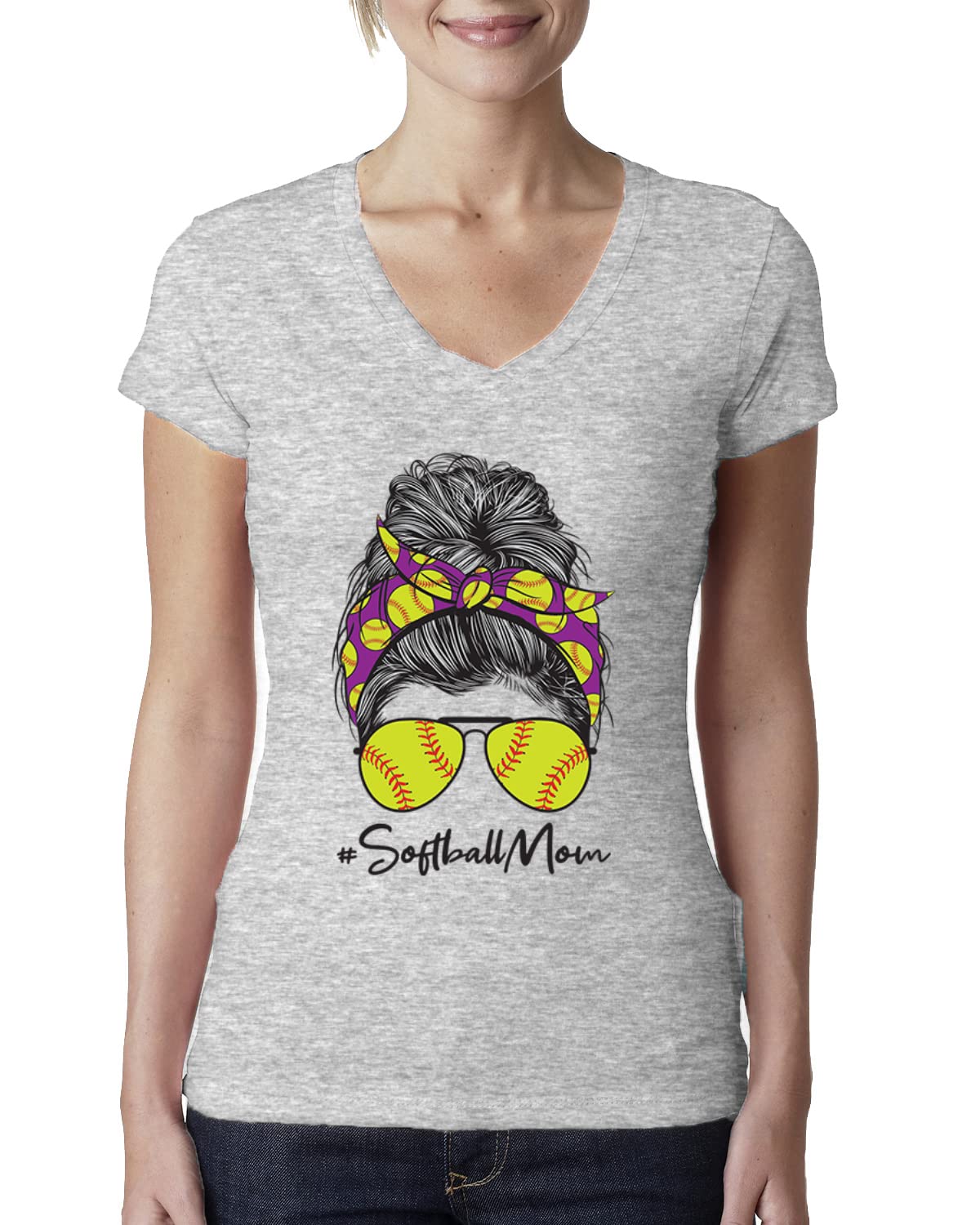 Softball Mom T-Shirt - Messy Bun Game Day Tee for Women & Juniors - Comfortable V-Neck Sports Lover Top for Mother's Day Gifts | Perfect for Baseball Games, Team Support & Casual Wear