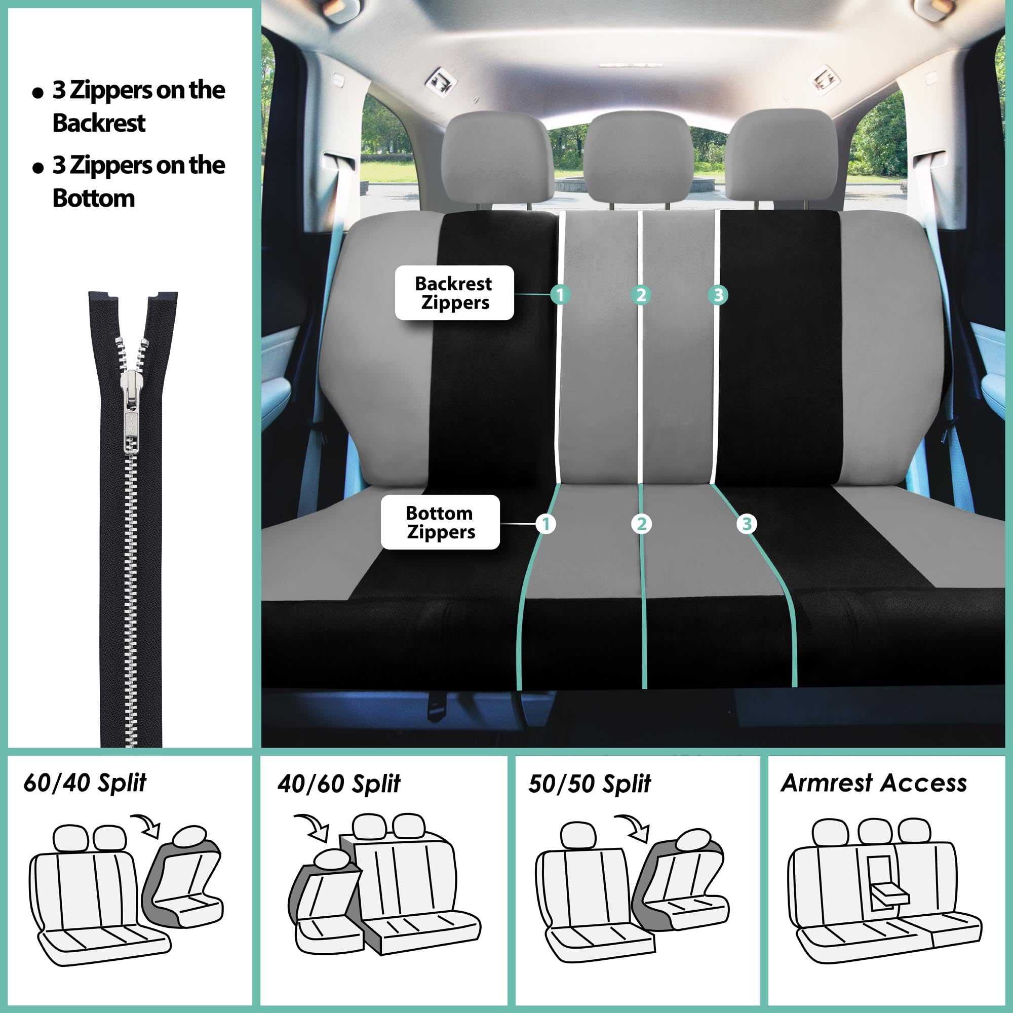 TLH Automotive Light Breezy Gray Car Seat Covers Full Set - Airbag Compatible Flat Cloth Seat Protectors with Matching Rubber Floor Mats - Universal Fit for Cars, Trucks & SUVs - Perfect for Daily Commuting, Road Trips and Interior Protection