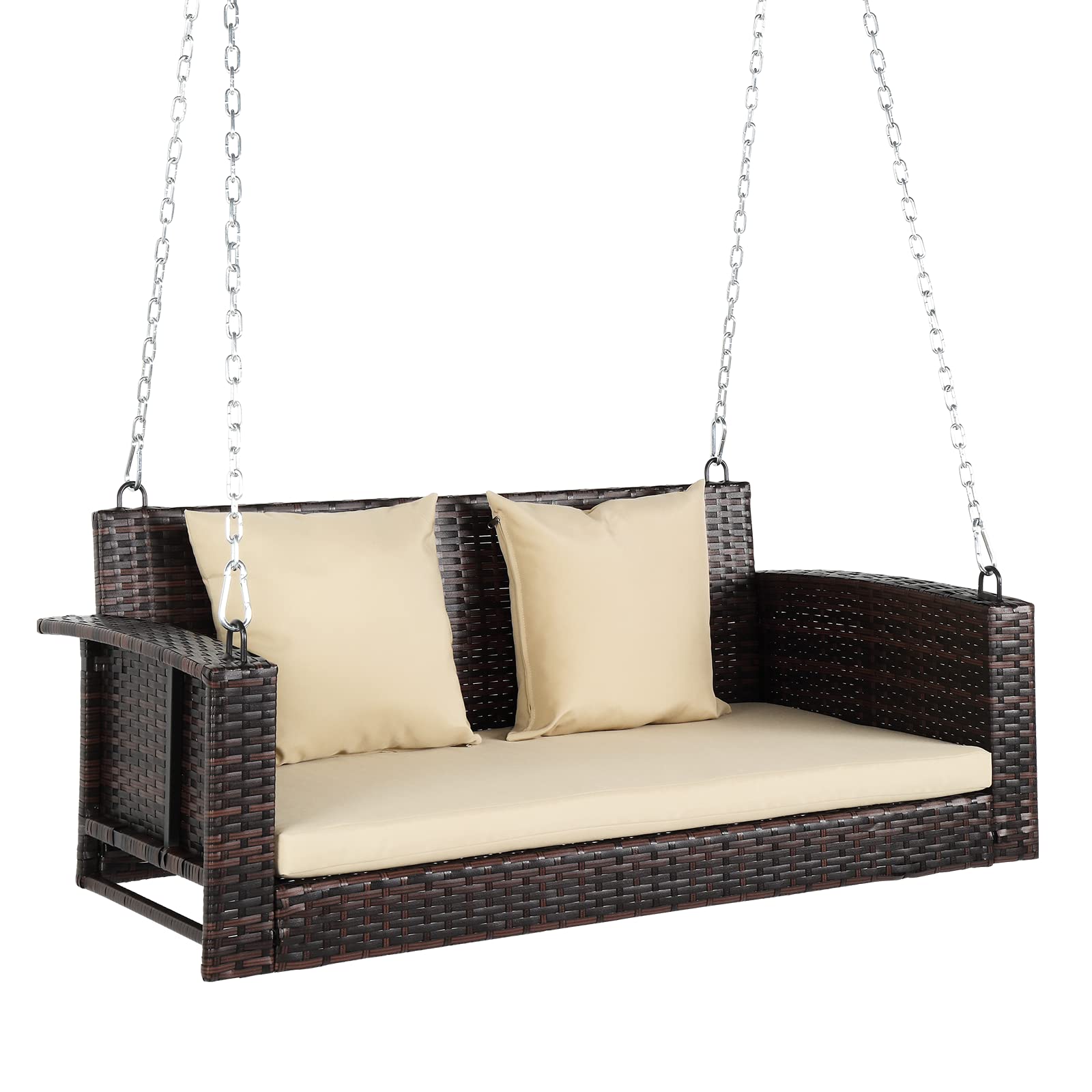 VINGLI 800 LBS Capacity Heavy Duty Wicker Hanging Swing with Cushions & Chains - 4FT Outdoor Rattan Porch Swing Bench for Garden, Patio, Backyard, Lawn - Weather-Resistant Brown & Beige Design - Perfect for Relaxing, Reading, or Enjoying Nature