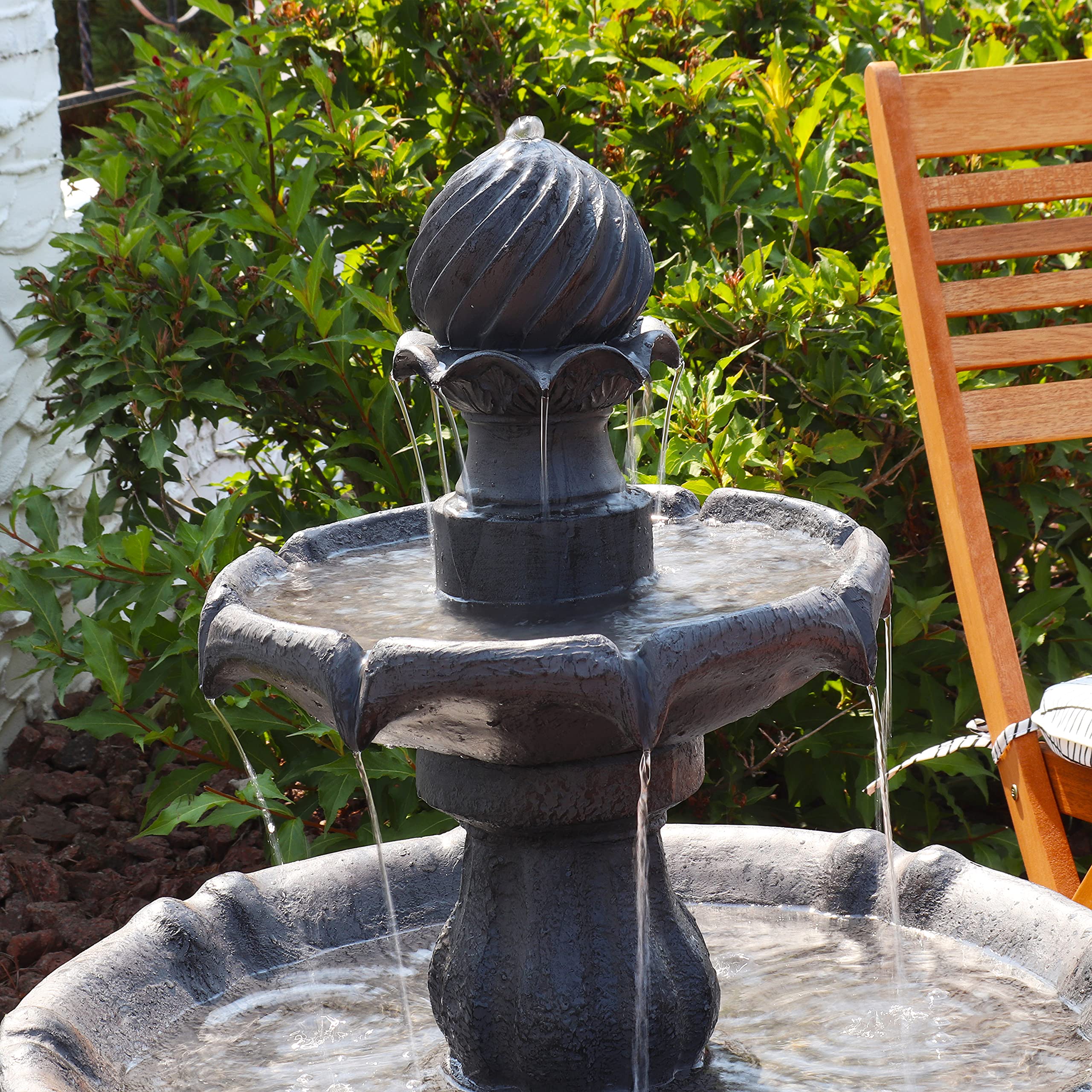 Sunnydaze 35-Inch 2-Tier Solar Water Fountain with Battery Backup - Outdoor Water Feature Pump for Garden, Patio, Yard Decor - Black