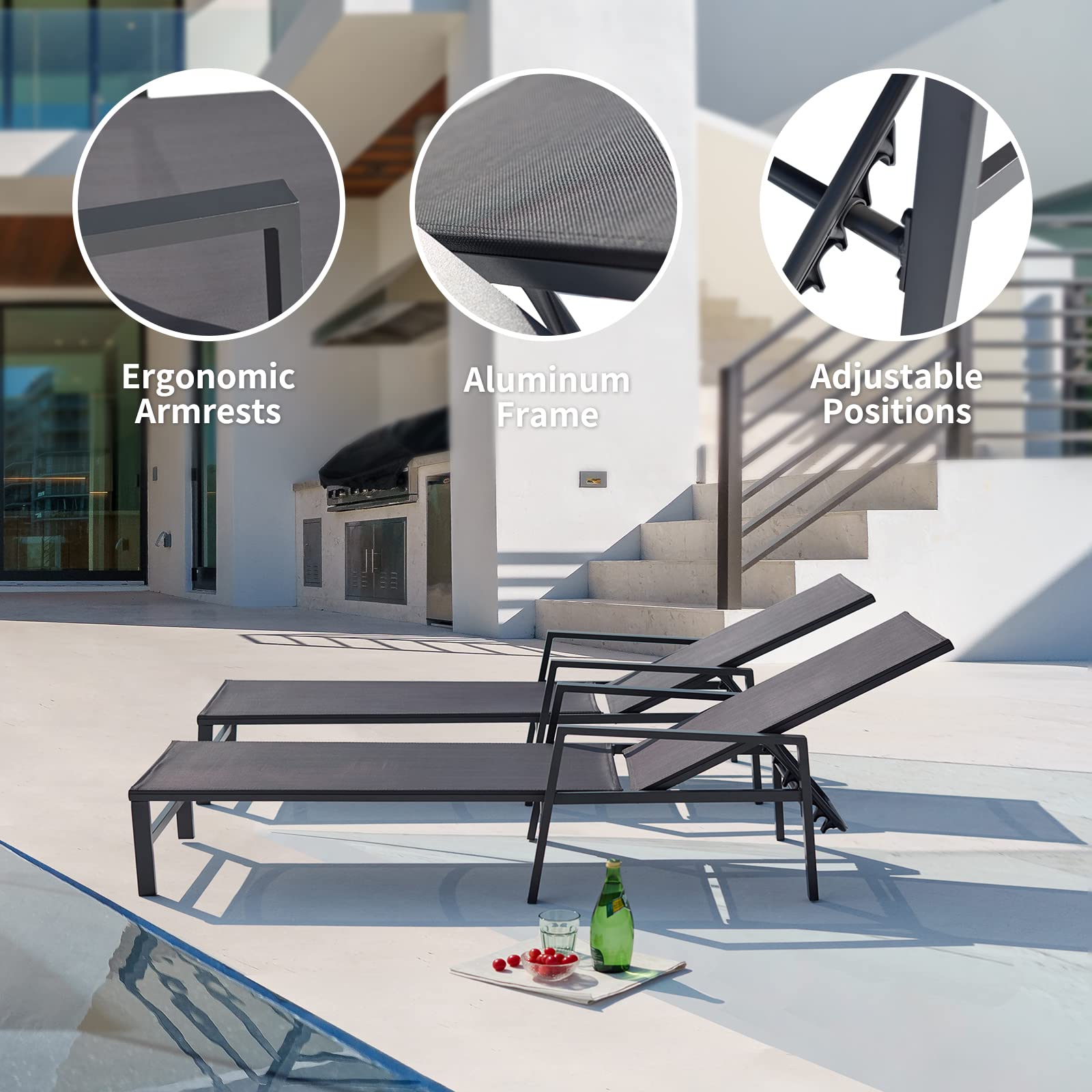 2-Pack Adjustable Aluminum Chaise Lounge Chairs with Armrests - Outdoor Patio Furniture for Poolside, Beach, Balcony, Lawn & Yard - Weather-Resistant Grey Lounge Chairs Set (Perfect for Sunbathing, Relaxing & Outdoor Lounging)