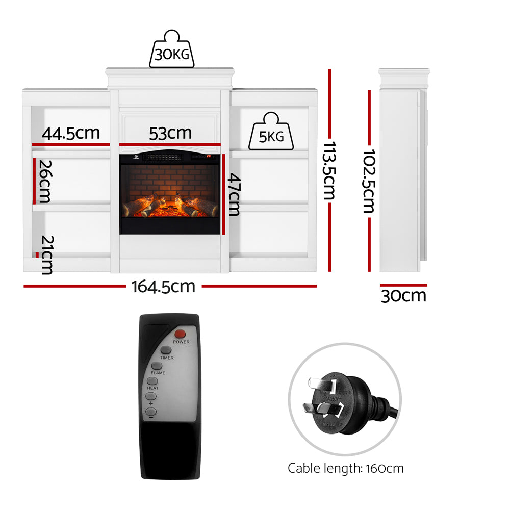 Devanti 2000W Electric Fireplace Heater - White Wall Mounted Space Heater for Home, Bedroom & Office - Energy Efficient & Realistic Flame Effect