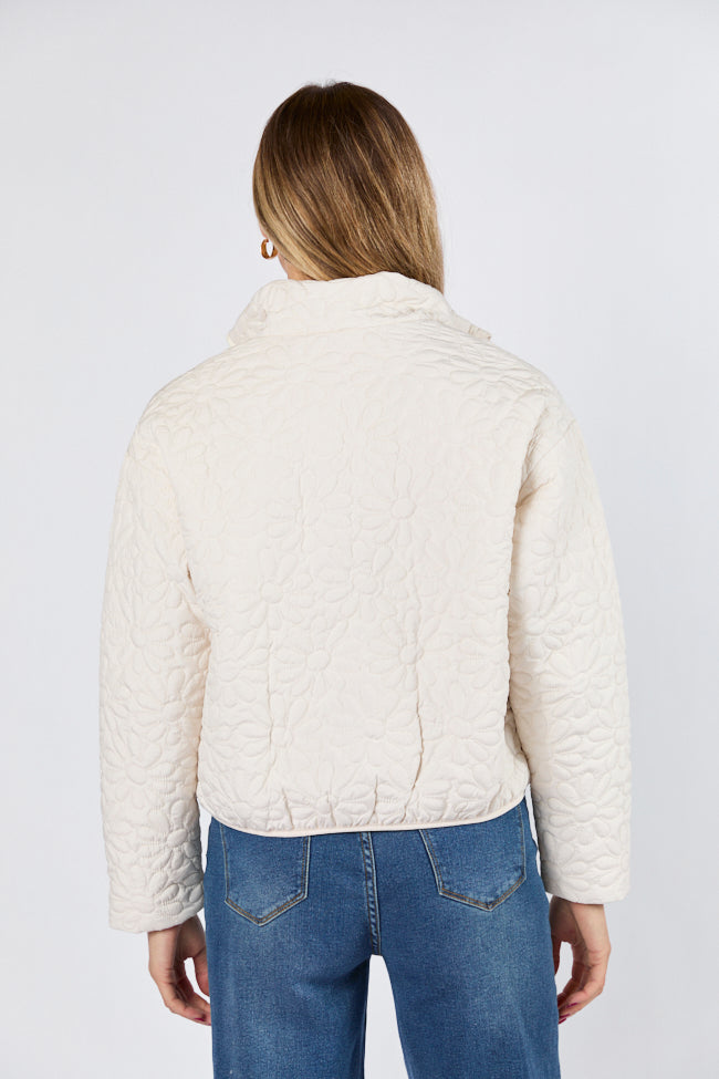 Full Bloom Cream Floral Quilted Zip Up Jacket for Women - Lightweight Spring Outerwear for Casual Wear & Outdoor Activities