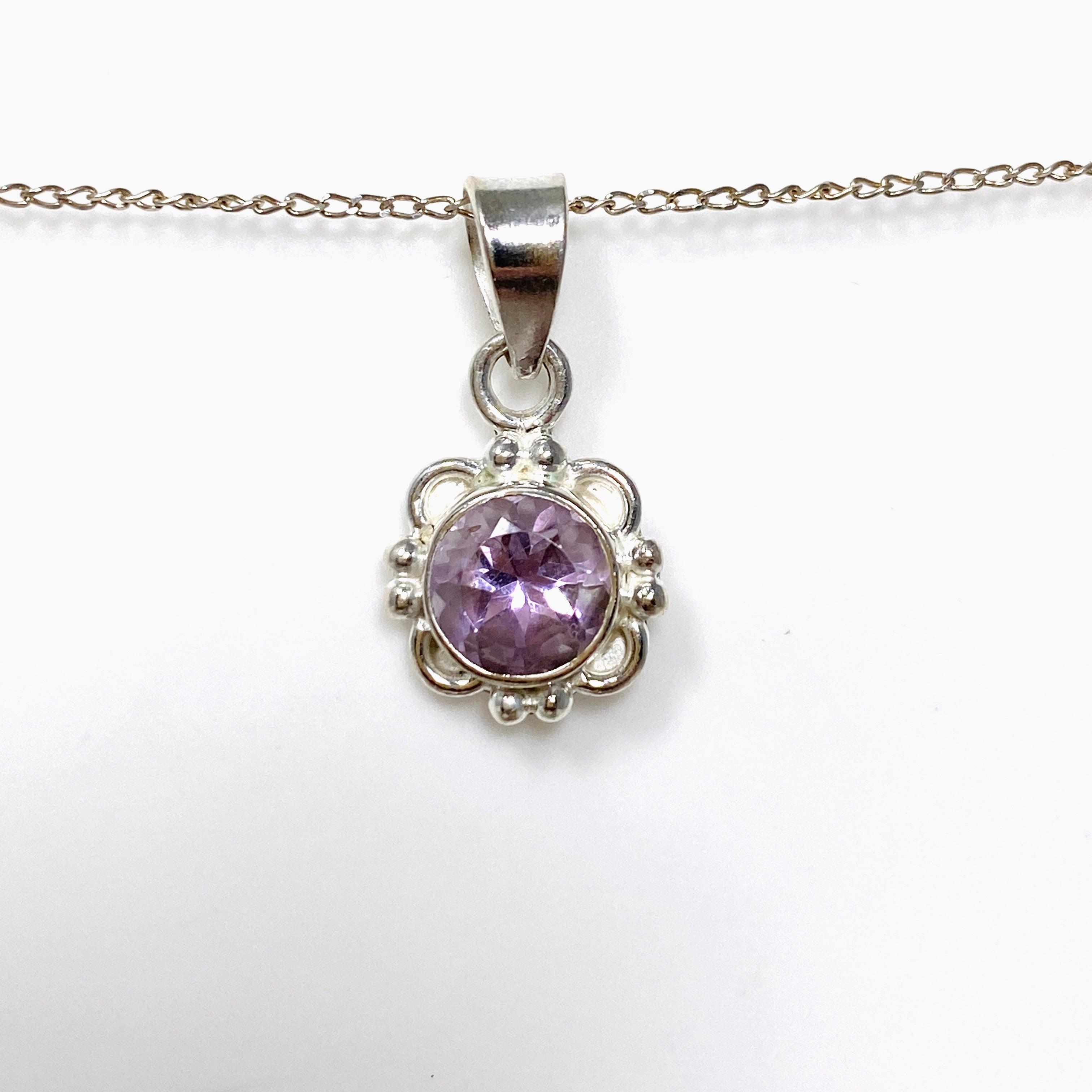 Faceted Gemstone Pendant Necklace - Round Cut Crystal Jewelry with Decorative Setting KPGJ4559 for Women, Gift for Her, Birthday & Anniversary Present