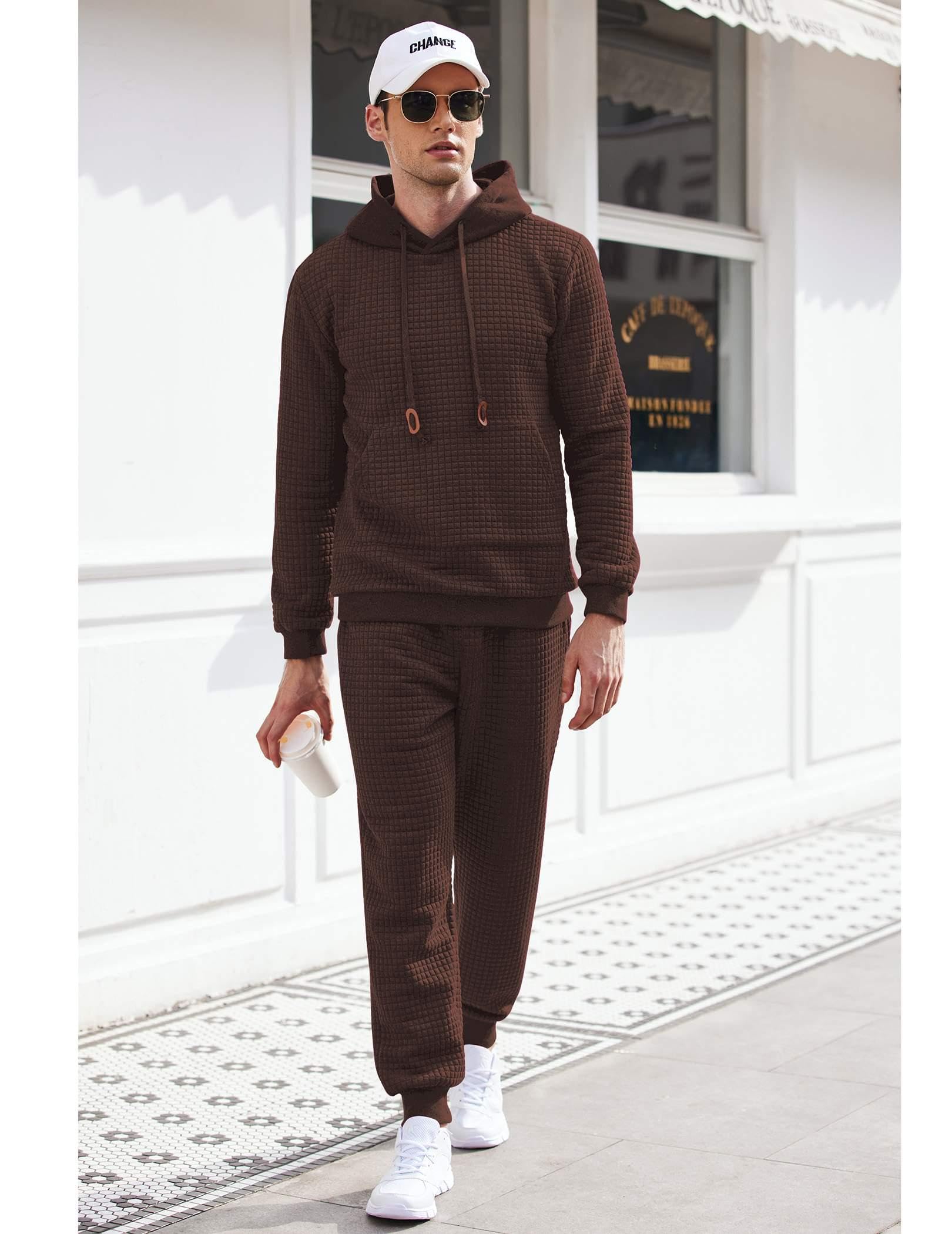 COOFANDY Men's 2 Piece Tracksuit Set - Hoodie & Joggers Waffle Plaid Jacquard Athletic Sweatsuit for Gym, Running & Casual Wear