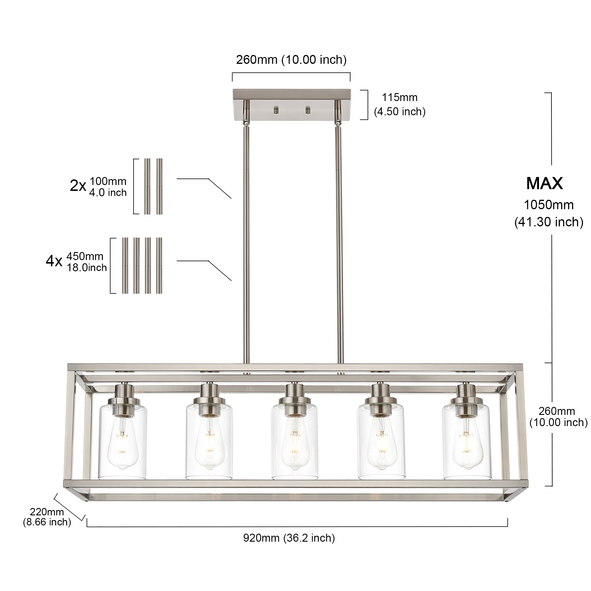 MELUCEE 5-Light Modern Brushed Nickel Pendant Light - Clear Glass Shade Contemporary Chandelier for Dining Room, Kitchen Island, Living Room & Bedroom | Elegant Hanging Lighting Fixture for Home Decor