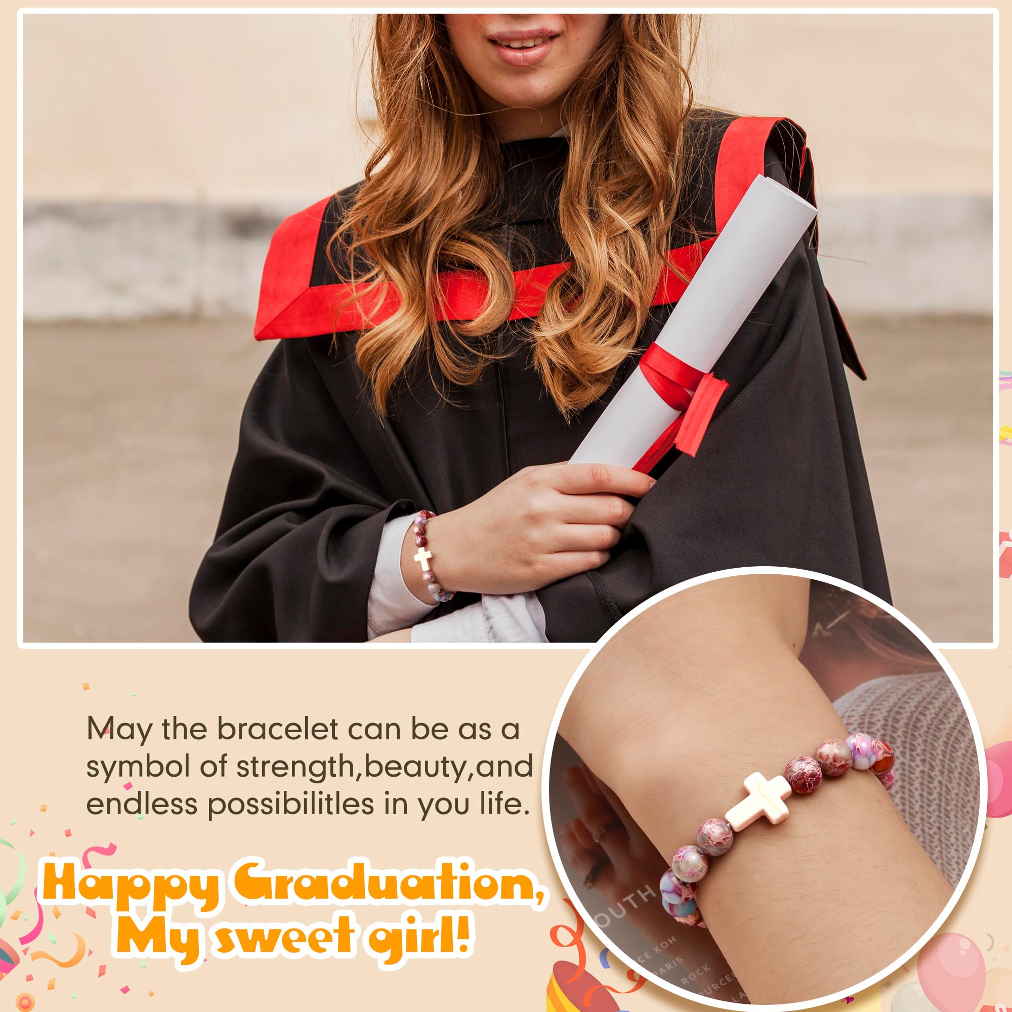 JSJOY Natural Stone Beaded Bracelet - Birthday Gift for Women & Girls Age 6-80, Christian Cross Jewelry for Daughter, Granddaughter, Niece, Mom & Sister - Perfect for Easter, Mother's Day & Everyday Wear