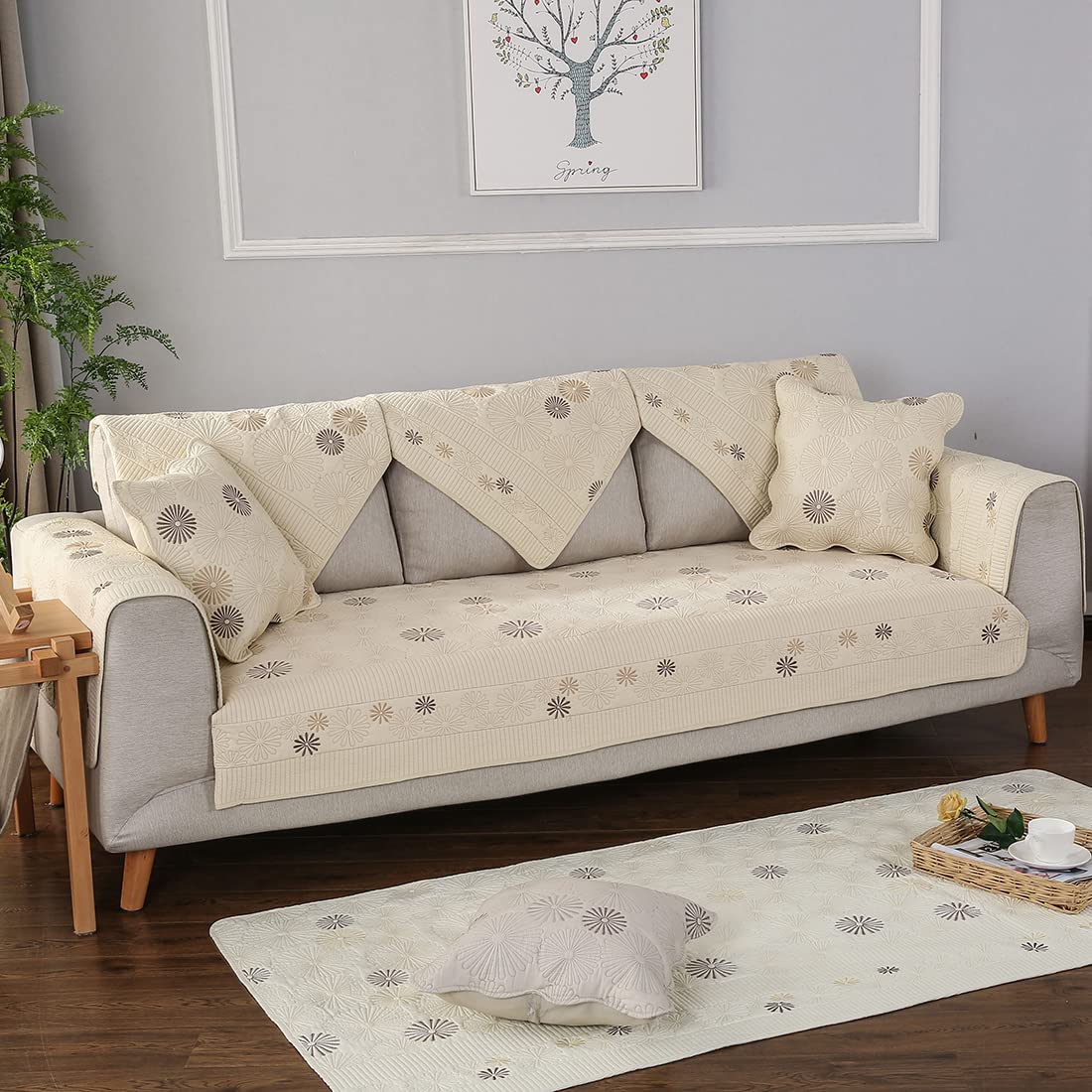 VCTOPS Reversible Embroidered Cotton Sofa Cover - Soft Quilted Washable Slipcover for Sectional Couches - 36