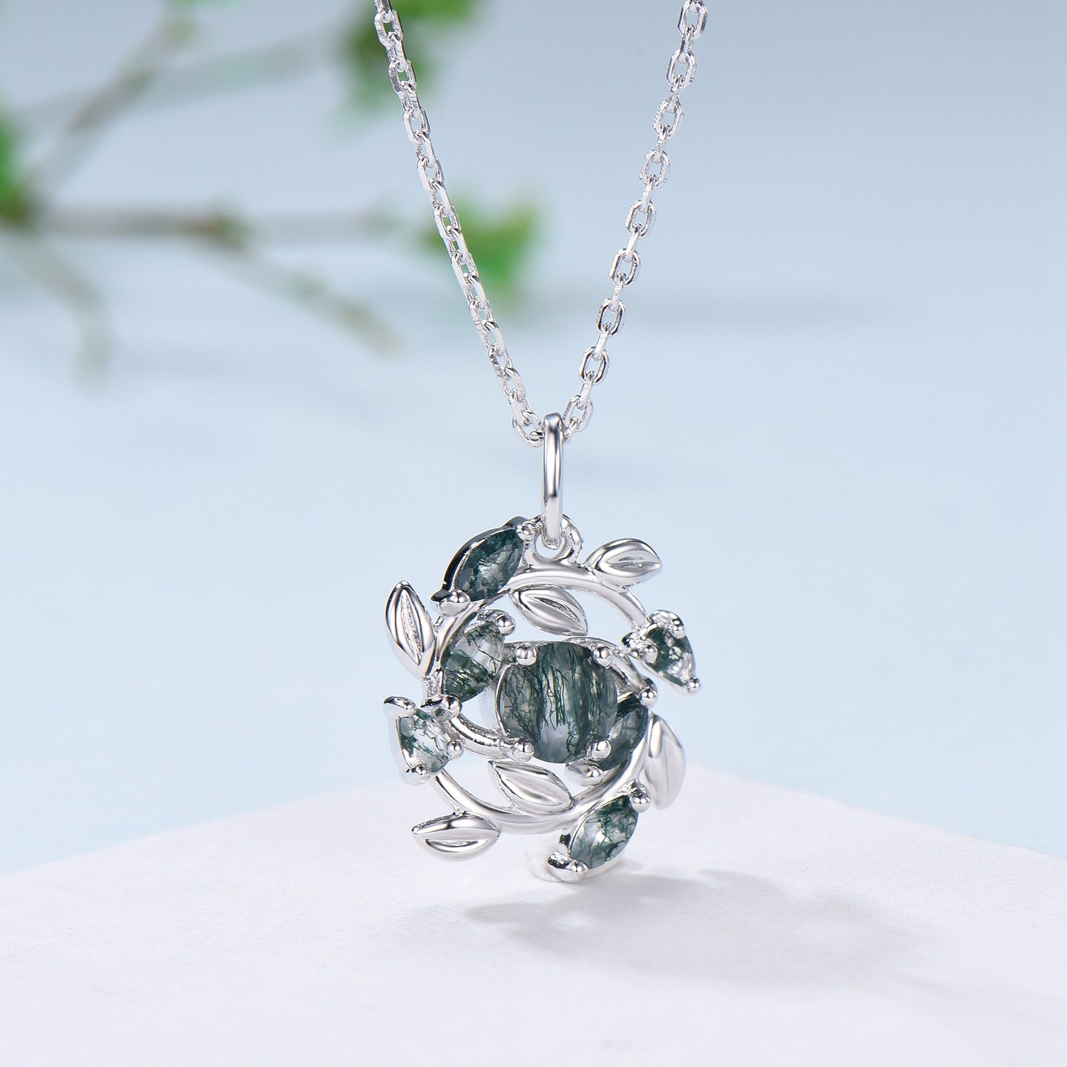 5mm Round Moss Agate Necklace - Nature Inspired Green Agate Pendant with Marquise & Pear Cut | Flower & Snowflake Design | Unique Anniversary Gift for Women | Perfect for Weddings, Date Nights & Special Occasions