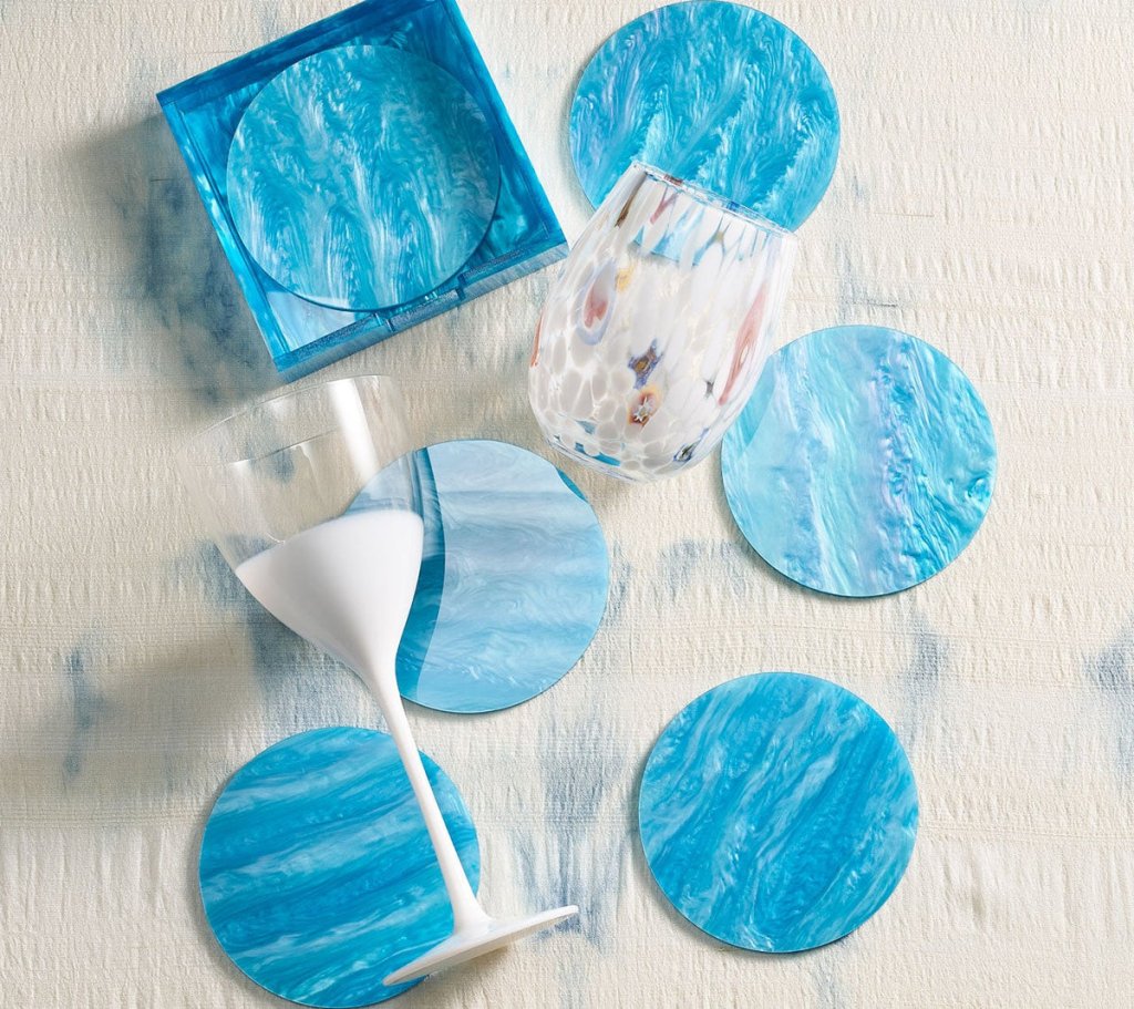 Premium Aqua Mirage Drink Coasters Set of 6 with Storage Caddy - Absorbent & Durable for Coffee Tables, Bars, and Home Decor