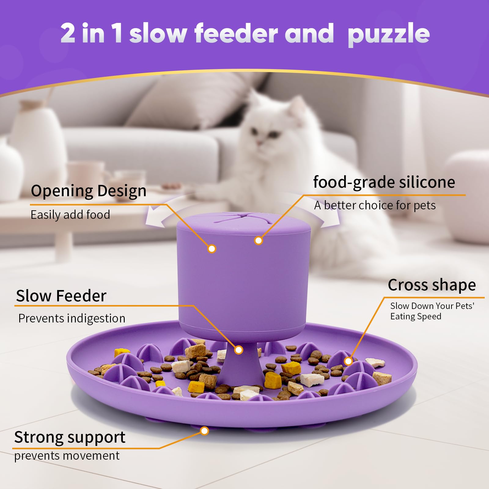2 in 1 Slow Feeder Cat Bowl with Non-Slip Silicone Base - Interactive Food Dispenser & Lick Mat Combo - Anti-Vomiting & Anti-Whisker Fatigue Pet Bowl for All Cat Breeds - Perfect for Mealtime Fun & Portion Control