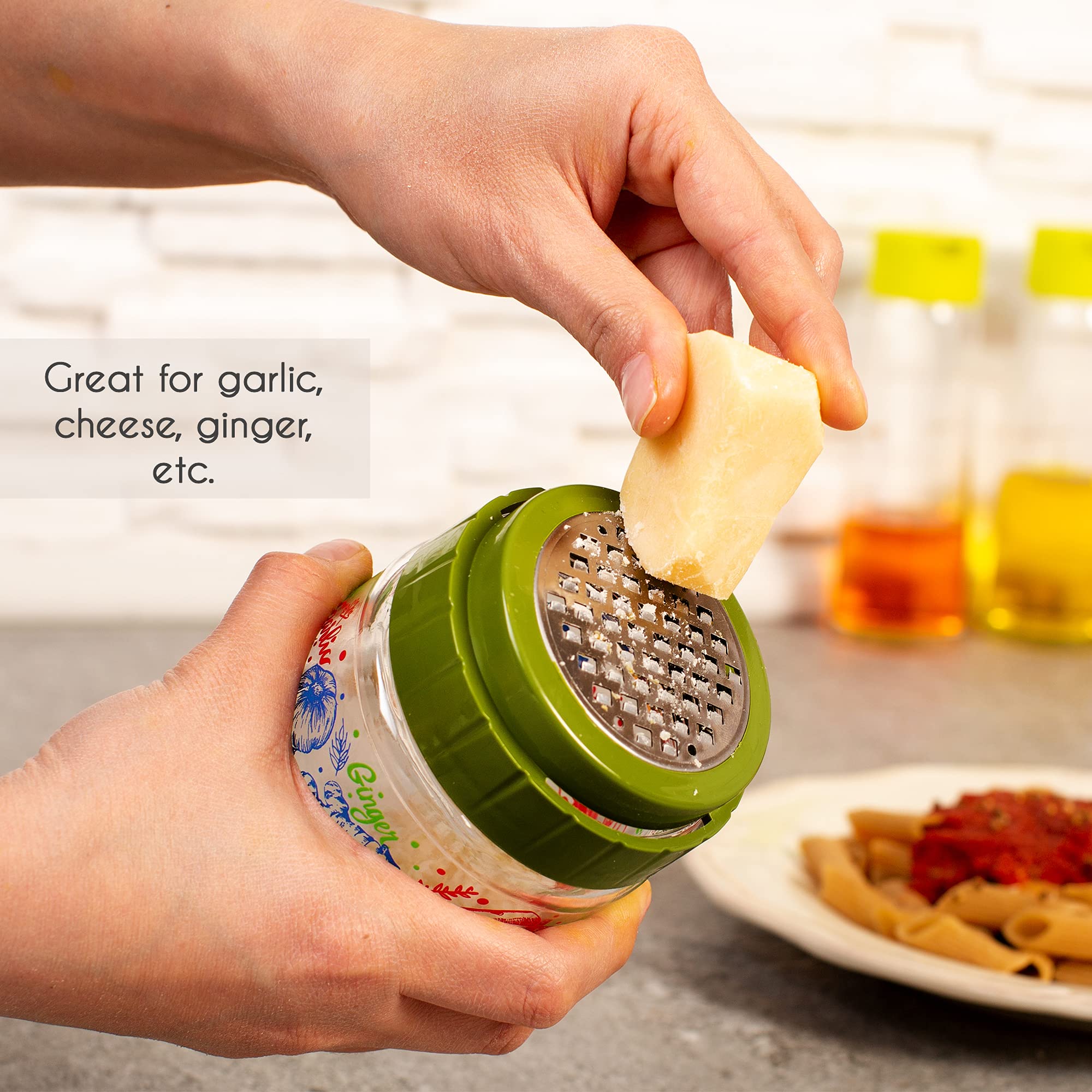 Premium Stainless Steel Cheese Grater with Glass Storage Container - Fine Shredder for Parmesan, Ginger, Garlic, Vegetables & Nutmeg - Lead-Free Glass Jar for Kitchen - Ideal for Cooking, Baking & Meal Prep (Green)