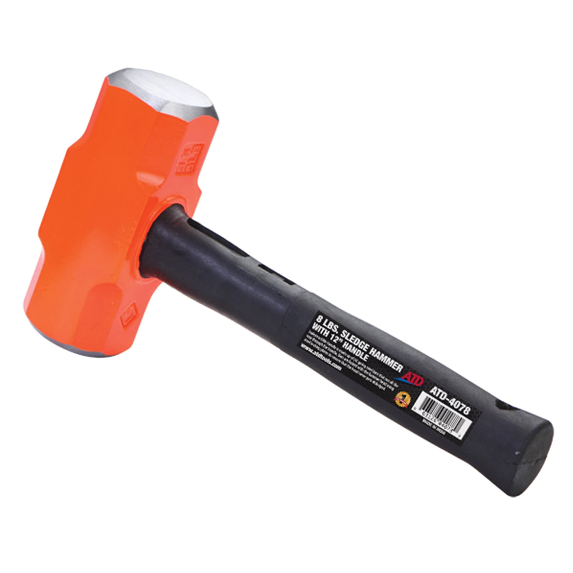 ATD-4078 8lb Sledge Hammer with 12-Inch Handle - Heavy Duty Demolition Tool for Construction, Woodworking, and DIY Projects