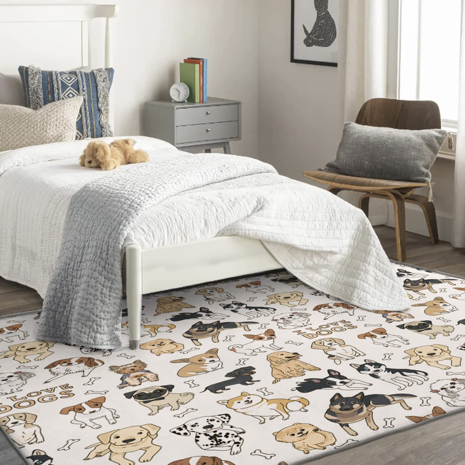 5x7 ft Cute Puppy Dog Area Rug - Soft Non-Slip Washable Indoor Carpet for Bedroom, Living Room & Kids Room Decor | Kawaii Animal Print Floor Mat for Home, Nursery & Playroom
