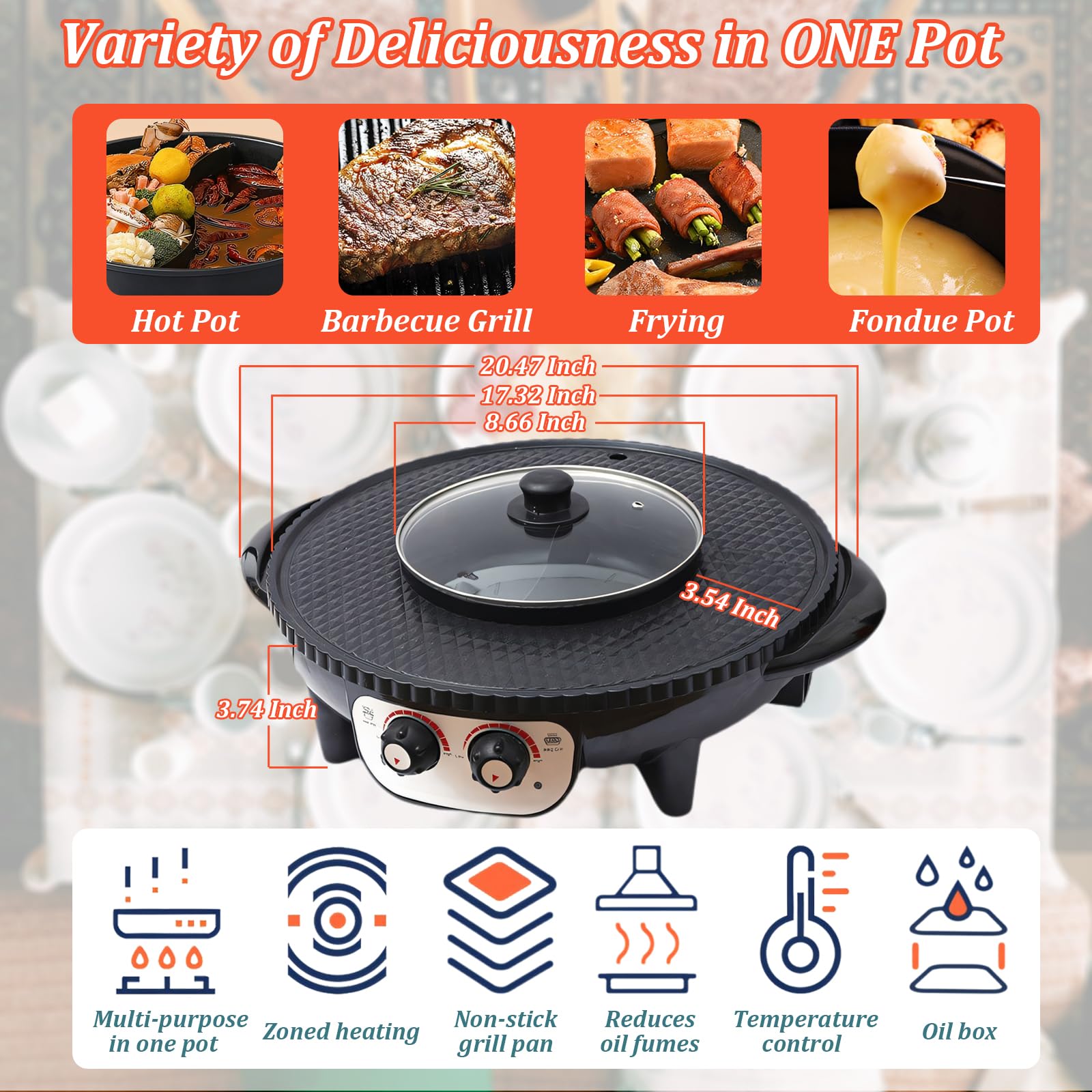 2 in 1 Electric Hot Pot & Korean BBQ Grill - Dual Temperature Control, Smokeless Nonstick Coating for Simmering, Boiling, Frying & Roasting - Perfect for Indoor Family Dinners, Parties & Asian Cuisine Cooking