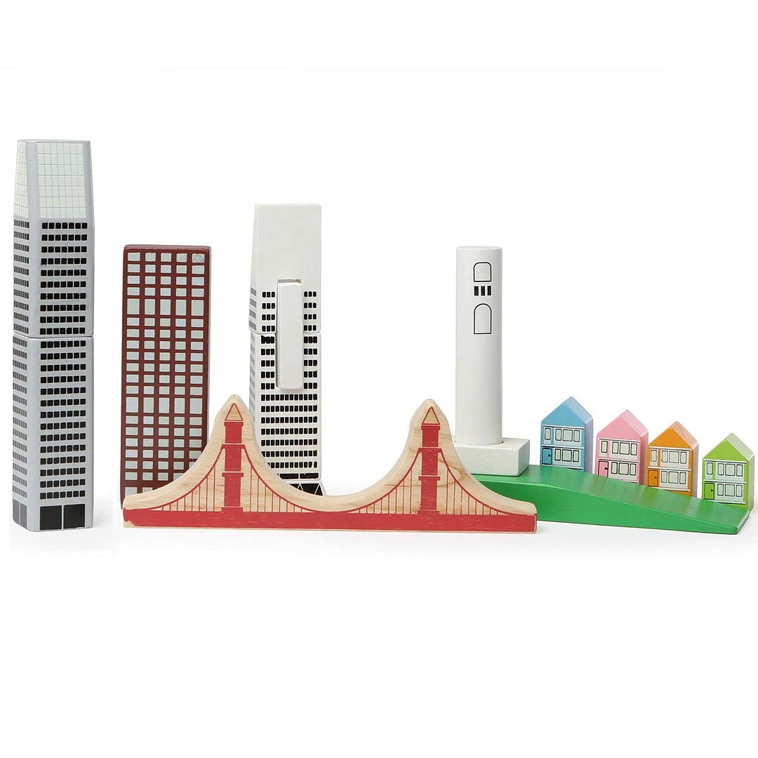 California City Skyline Wooden Building Blocks Set - 14 Piece Educational Toy with 6 Famous Skyscrapers & Landmarks | STEM Learning, Creative Play & Home Decor for Kids & Adults