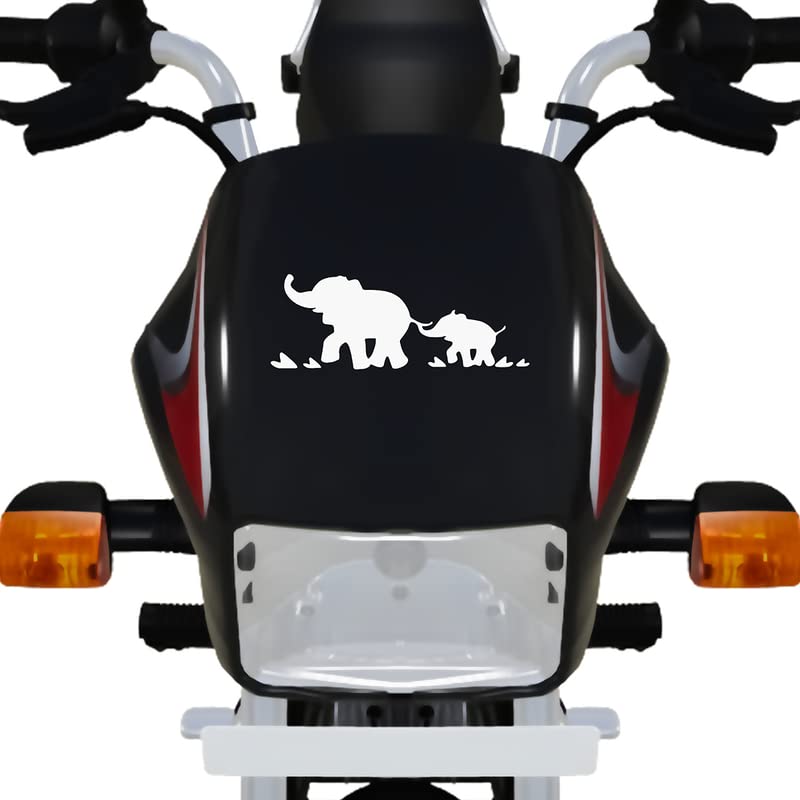 Dikoria Baby Elephant with Mother Bike Sticker - Waterproof Vinyl Decal for Racer Bikes, Sports Bikes, Scooters & Motorcycles - 6x6 Inch White Decal - Perfect for Helmets, Laptops & Water Bottles