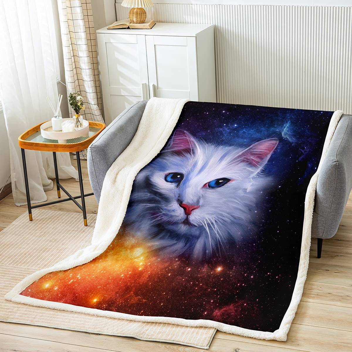 Soft White Cat Fleece Blanket - 3D Kitten Throw Blanket for Teens & Boys - Starry Sky Galaxy Bed Blanket - Cozy Flannel Blanket for Cat Lovers - 30x40 Inch - Perfect for Bedroom Decor, Gift for Pet Lovers & Space Theme Rooms